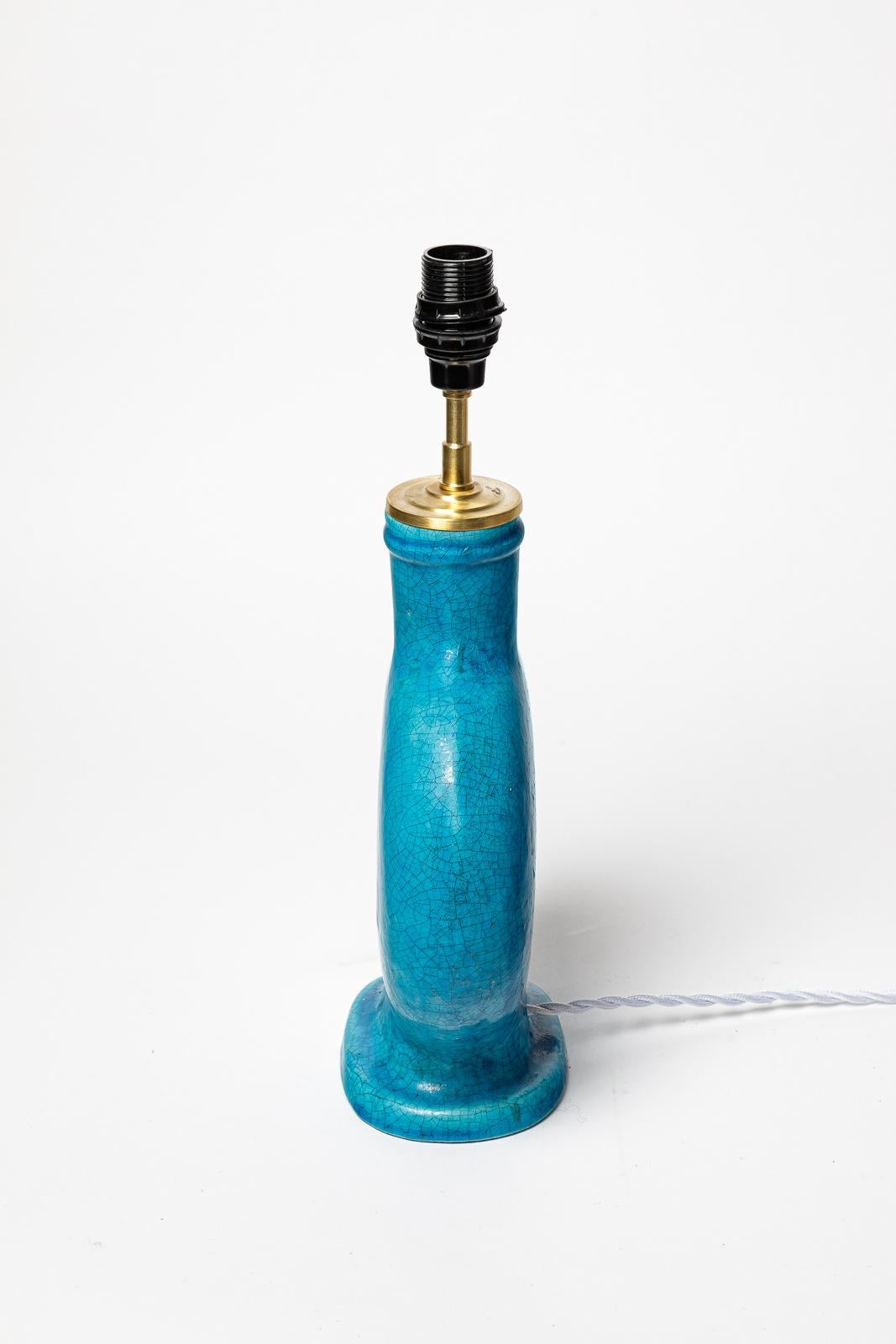 lampe à poser art déco bleu du 20e siècle en céramique par  Edmond Lachenal, 1940 Excellent état - En vente à Neuilly-en- sancerre, FR