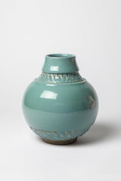 blue art deco 20th century ceramic vase attributed to Pol Chambost 23 cm