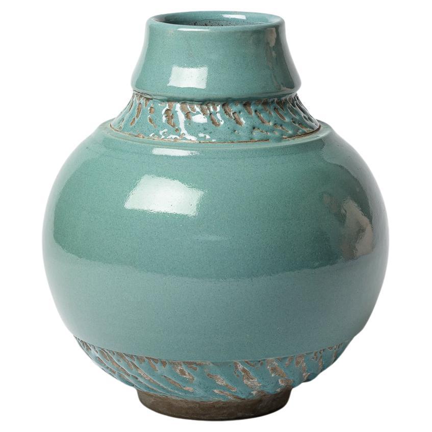 blue art deco 20th century ceramic vase attributed to Pol Chambost 23 cm