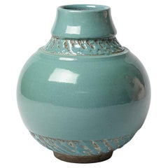 vaso in ceramica blu art déco del XX secolo attribuito a Pol Chambost 23 cm