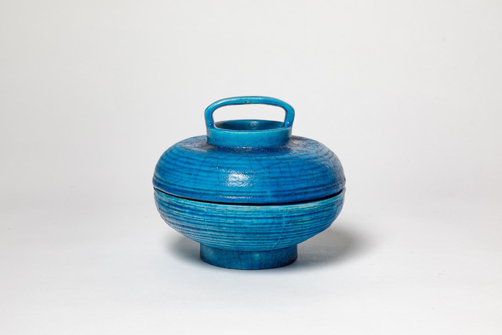 joyero o caja de cerámica decorativa azul art decó del siglo XX de Lachenal 1940 Art Decó en venta