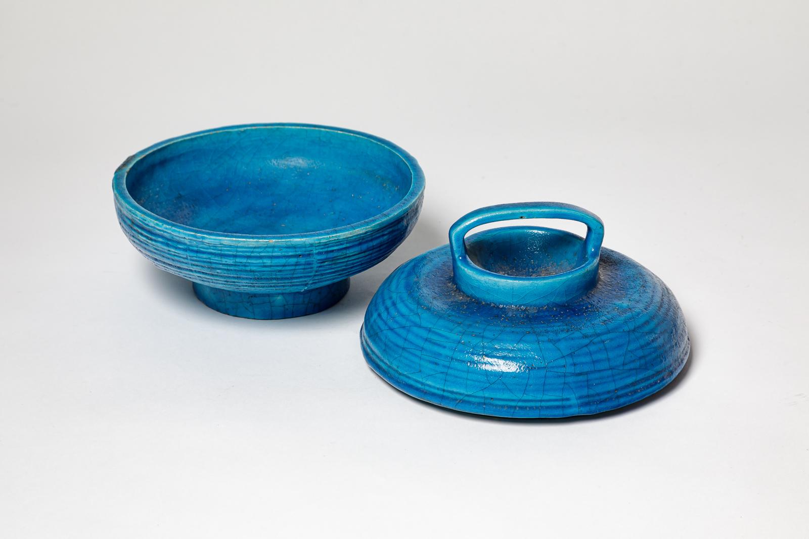 joyero o caja de cerámica decorativa azul art decó del siglo XX de Lachenal 1940 Francés en venta
