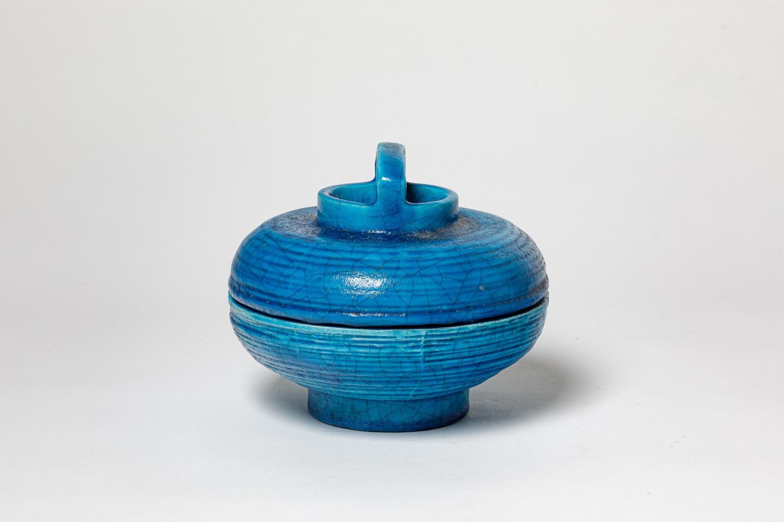 joyero o caja de cerámica decorativa azul art decó del siglo XX de Lachenal 1940 en Excelente estado para la venta en Neuilly-en- sancerre, FR
