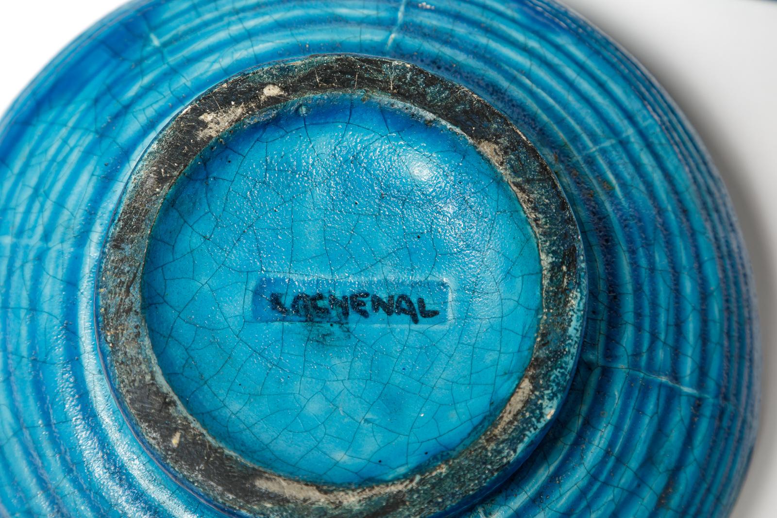 joyero o caja de cerámica decorativa azul art decó del siglo XX de Lachenal 1940 en venta 2