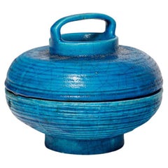 joyero o caja de cerámica decorativa azul art decó del siglo XX de Lachenal 1940