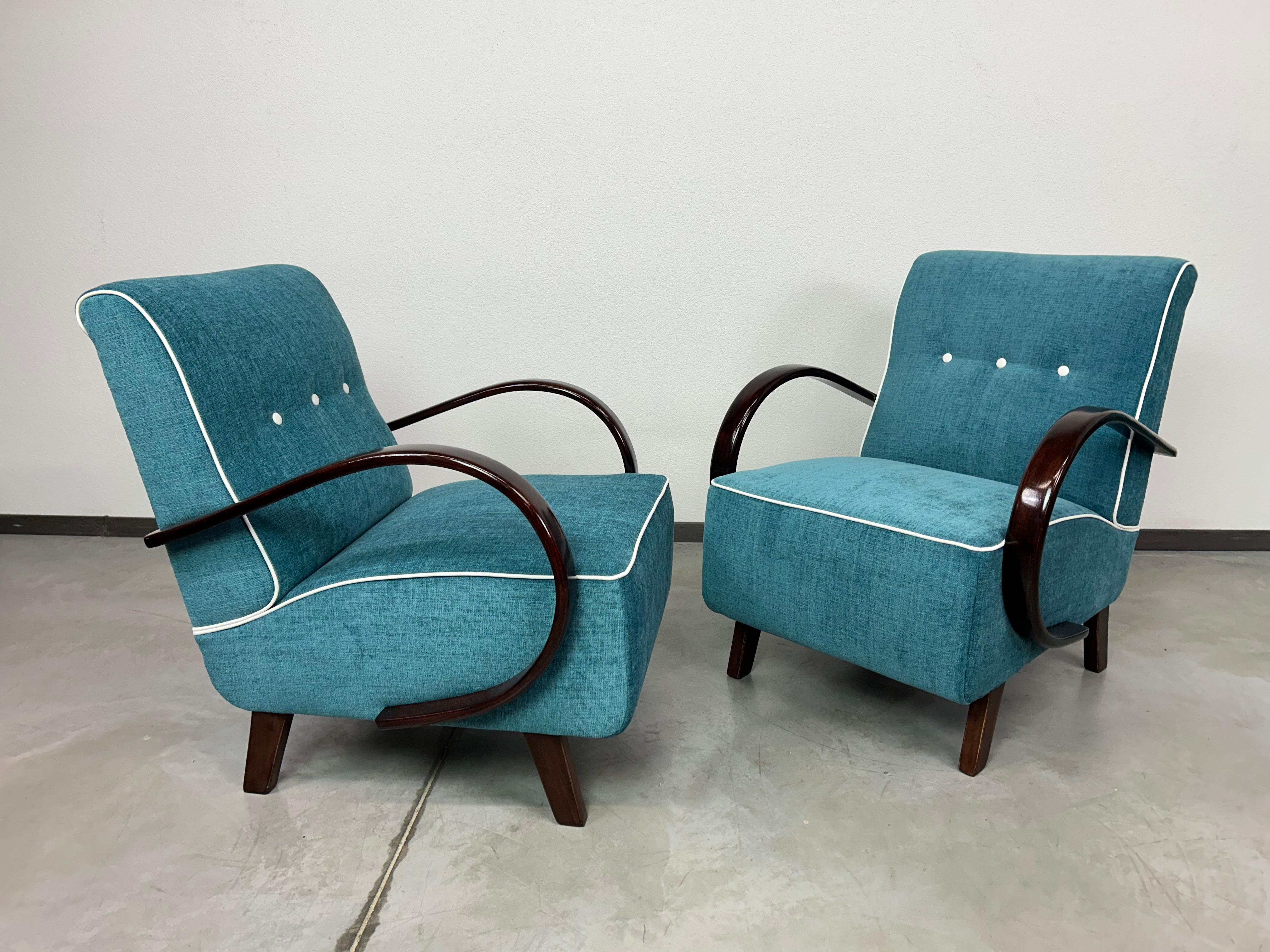 Art Deco Blue art deco armchairs by Jindřich Halabala For Sale