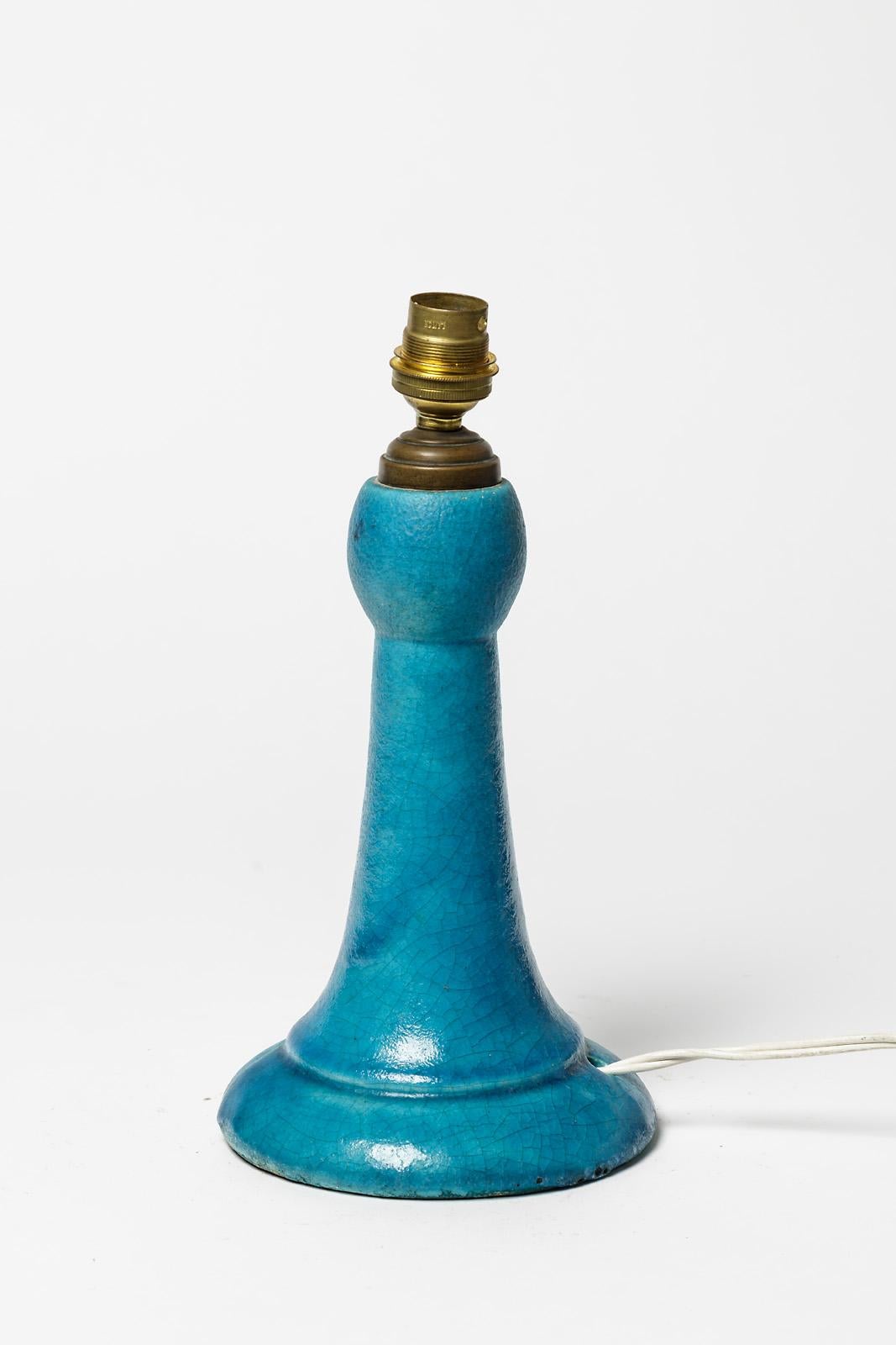 Blaue blaue Art-Déco-Tischlampe aus Keramik von Lachenal French 1930 Lighting Design (Art déco) im Angebot