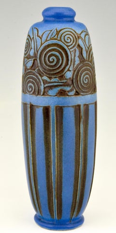 Vase bleu en céramique Art Déco avec fleurs Gaston Ventrillon pour Mougin Frères 1930