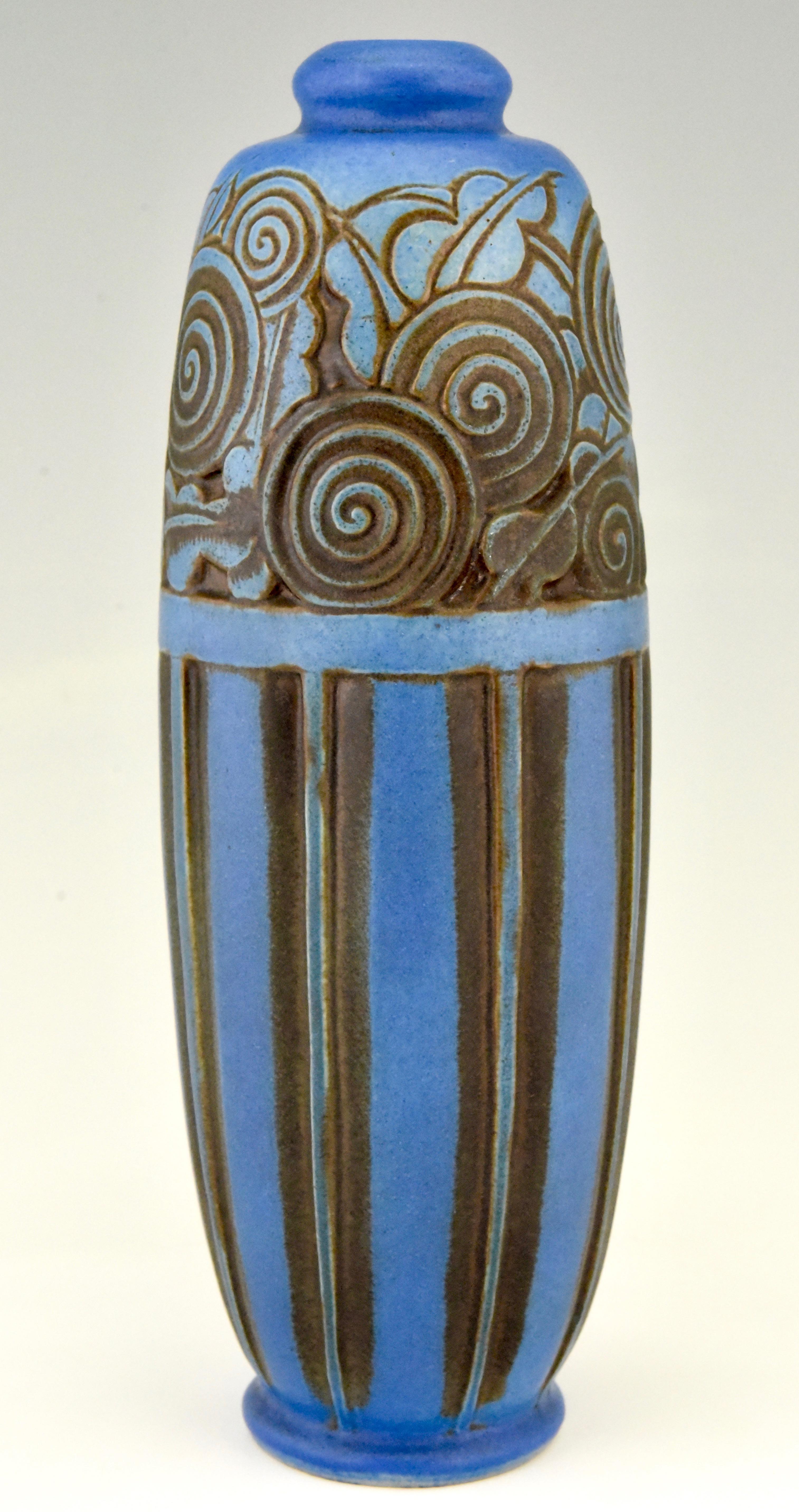 French Blue Art Deco Ceramic Vase with Flowers Gaston Ventrillon for Mougin Frères 1930