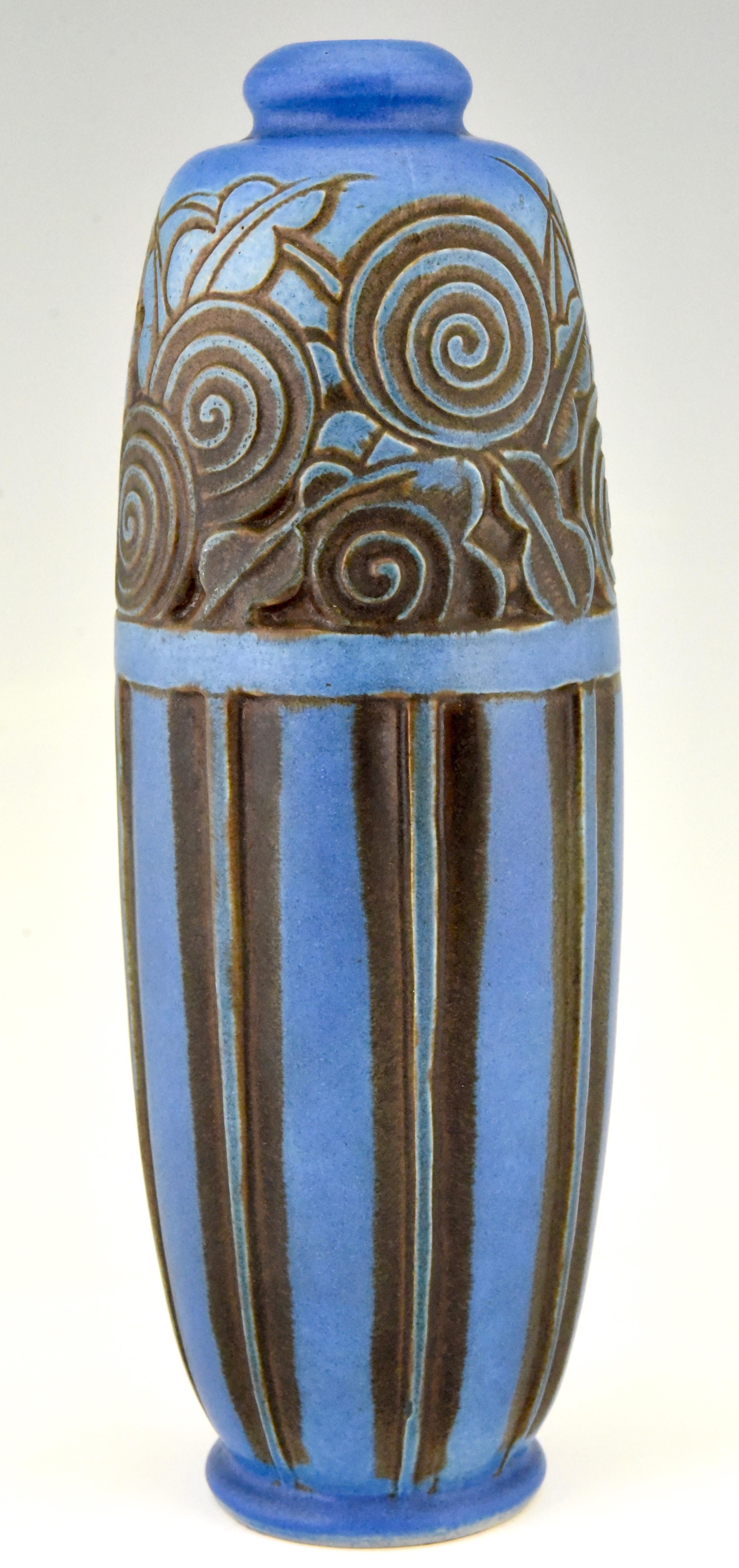 Glazed Blue Art Deco Ceramic Vase with Flowers Gaston Ventrillon for Mougin Frères 1930
