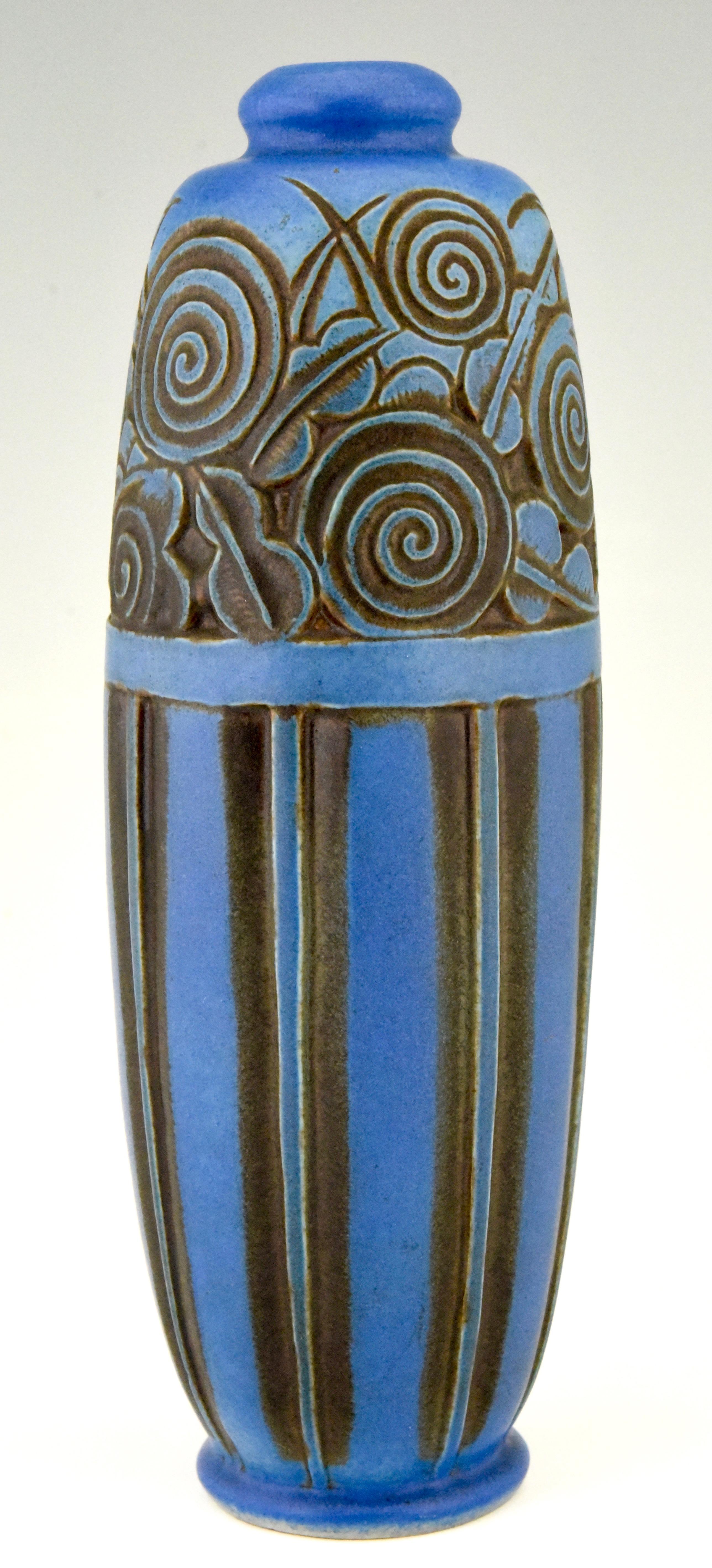 Blue Art Deco Ceramic Vase with Flowers Gaston Ventrillon for Mougin Frères 1930 In Good Condition In Antwerp, BE