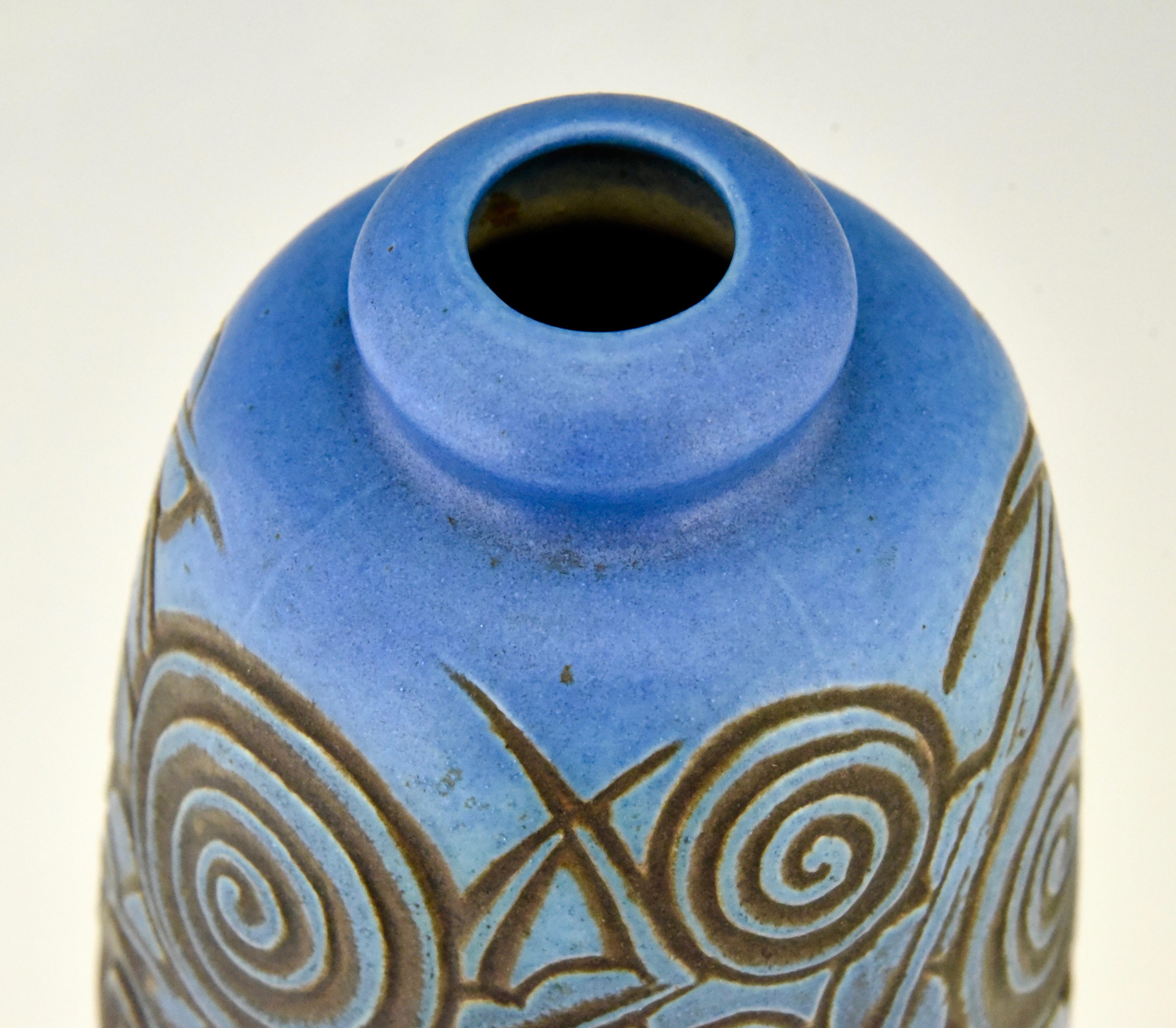 20th Century Blue Art Deco Ceramic Vase with Flowers Gaston Ventrillon for Mougin Frères 1930
