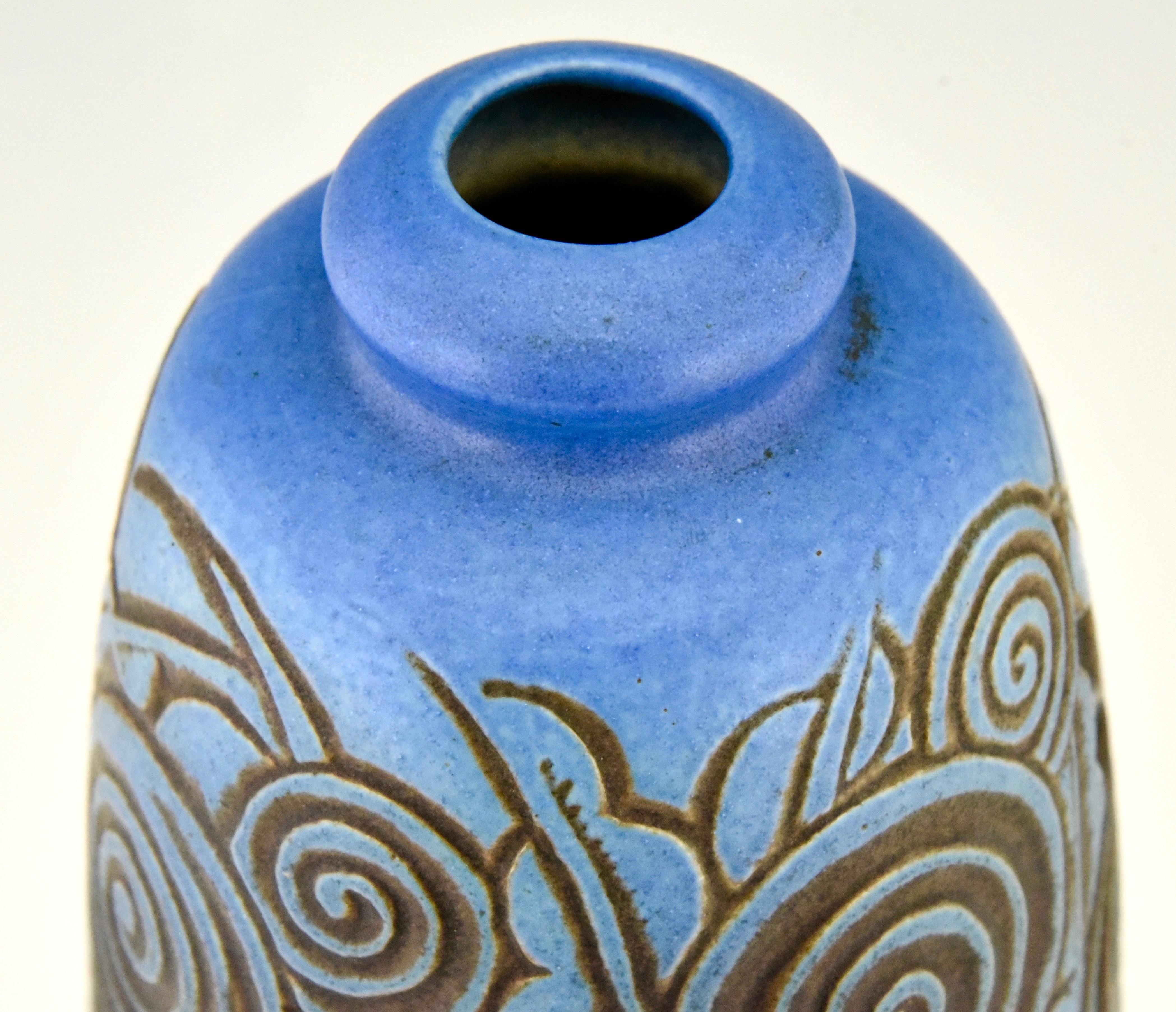Blue Art Deco Ceramic Vase with Flowers Gaston Ventrillon for Mougin Frères 1930 1