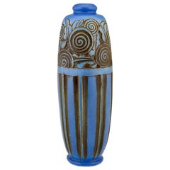 Blue Art Deco Ceramic Vase with Flowers Gaston Ventrillon for Mougin Frères 1930