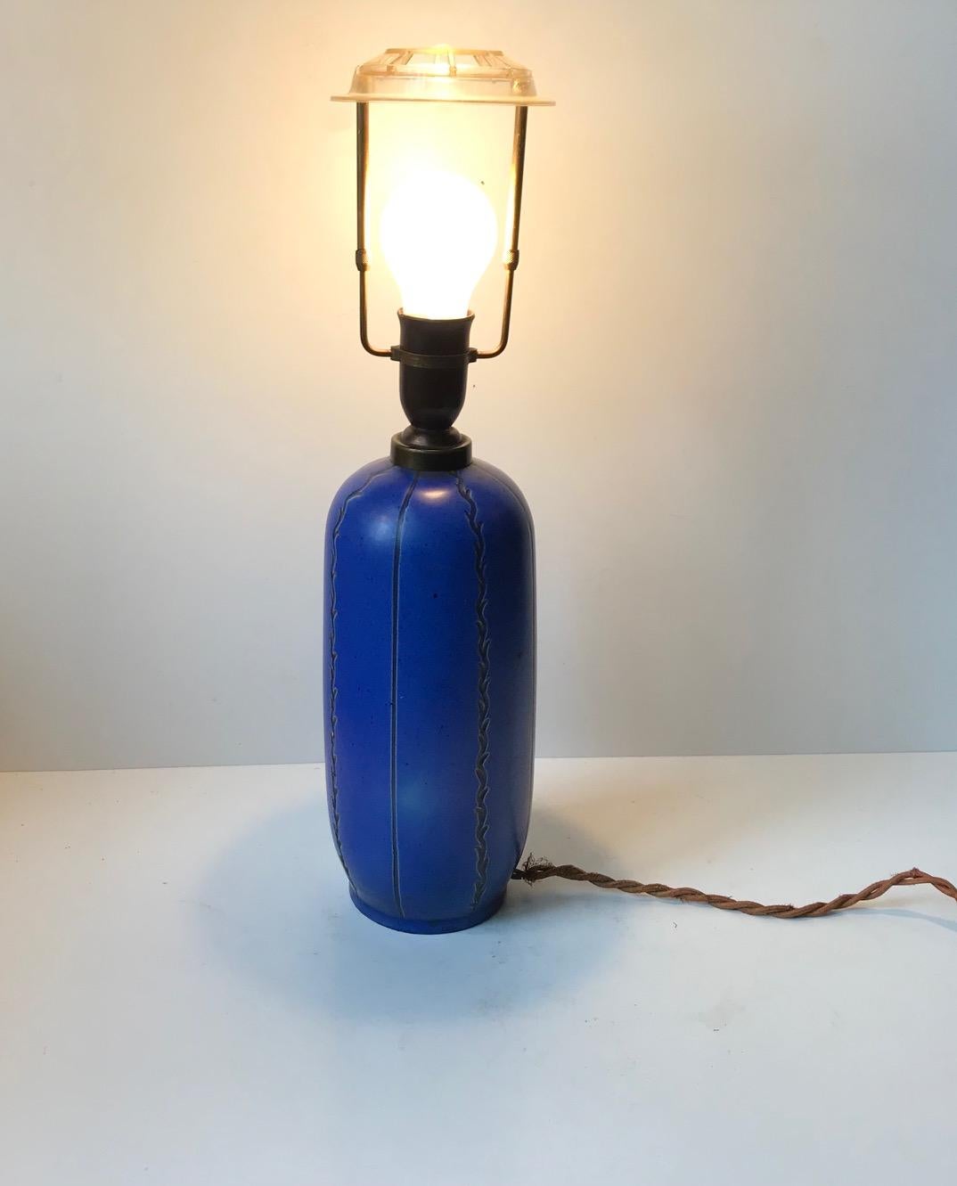 Blue Art Deco Pottery Table Lamp by Søholm, Denmark, circa 1930 4