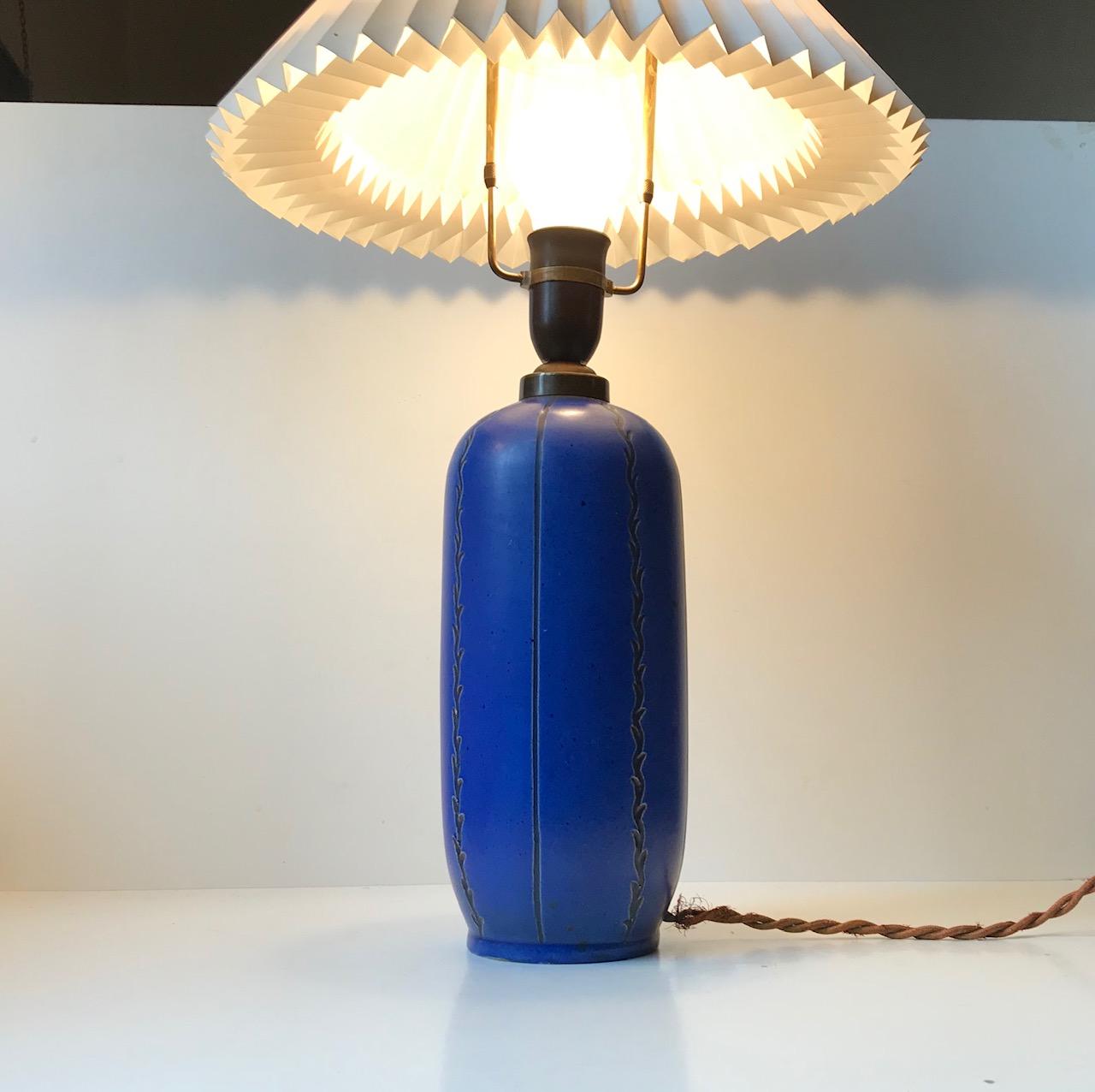 Danish Blue Art Deco Pottery Table Lamp by Søholm, Denmark, circa 1930