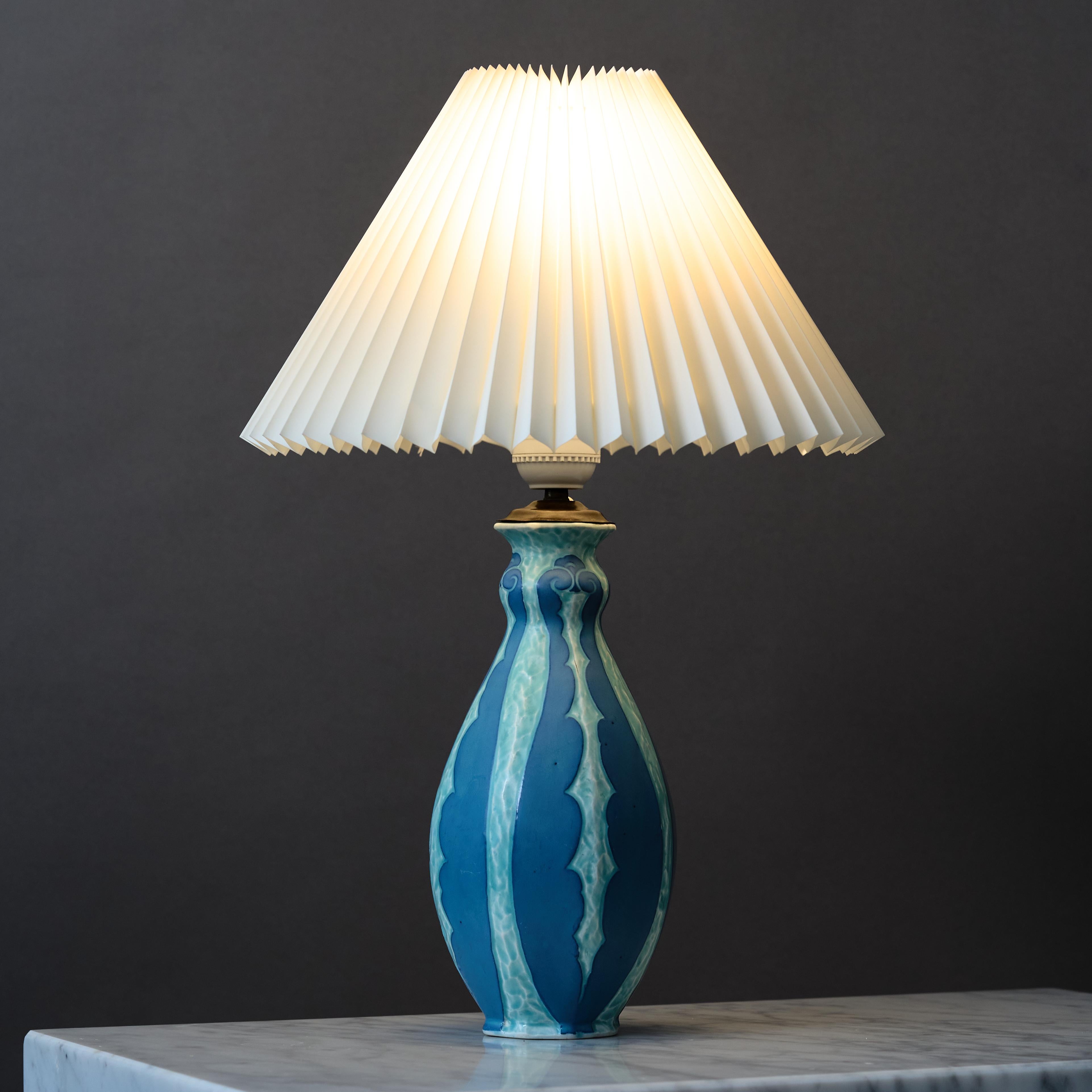 Glazed Blue Art Deco 'Sgrafitto' Table Lamp by Josef Ekberg. Gustavsberg, Sweden, 1920 For Sale