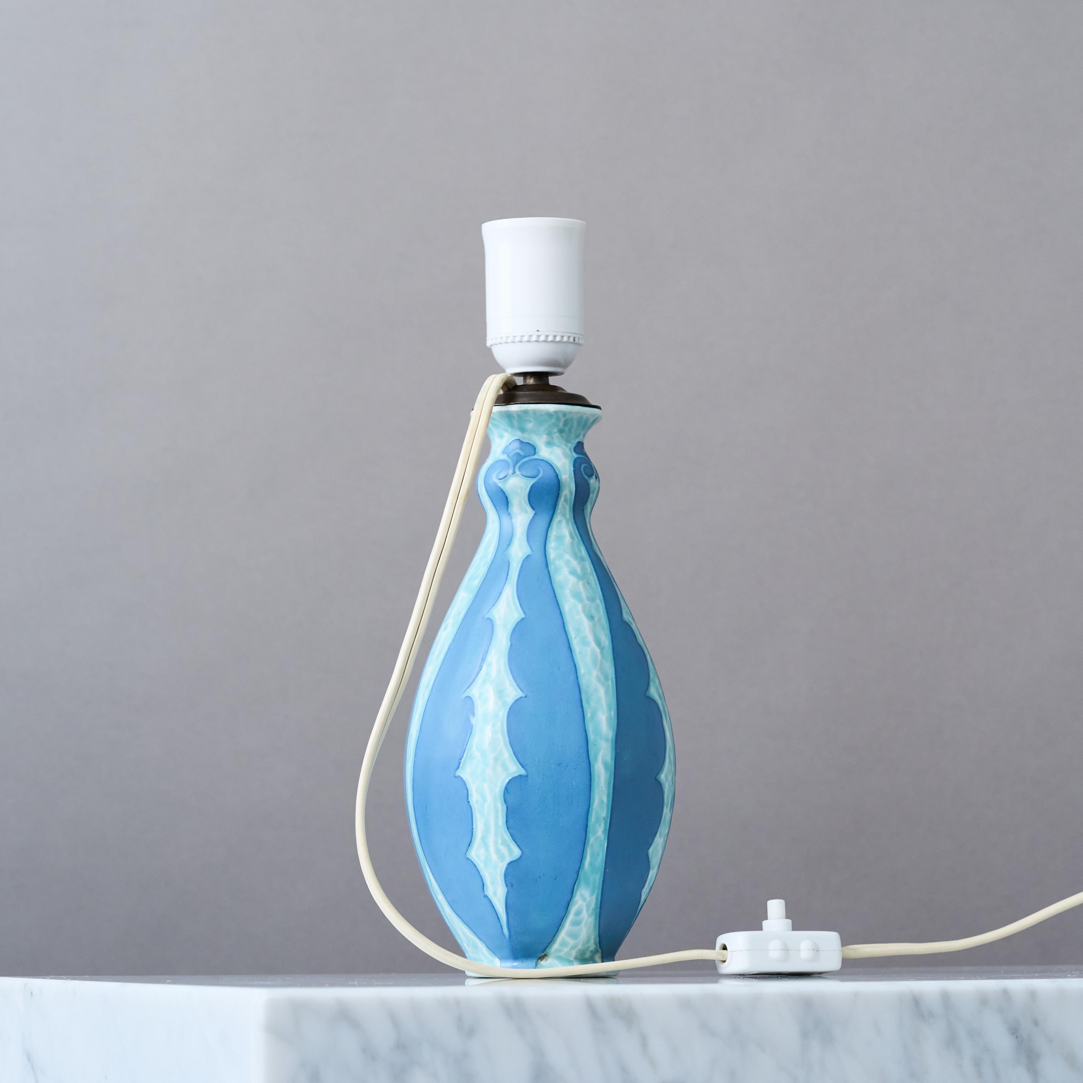 Early 20th Century Blue Art Deco 'Sgrafitto' Table Lamp by Josef Ekberg. Gustavsberg, Sweden, 1920 For Sale