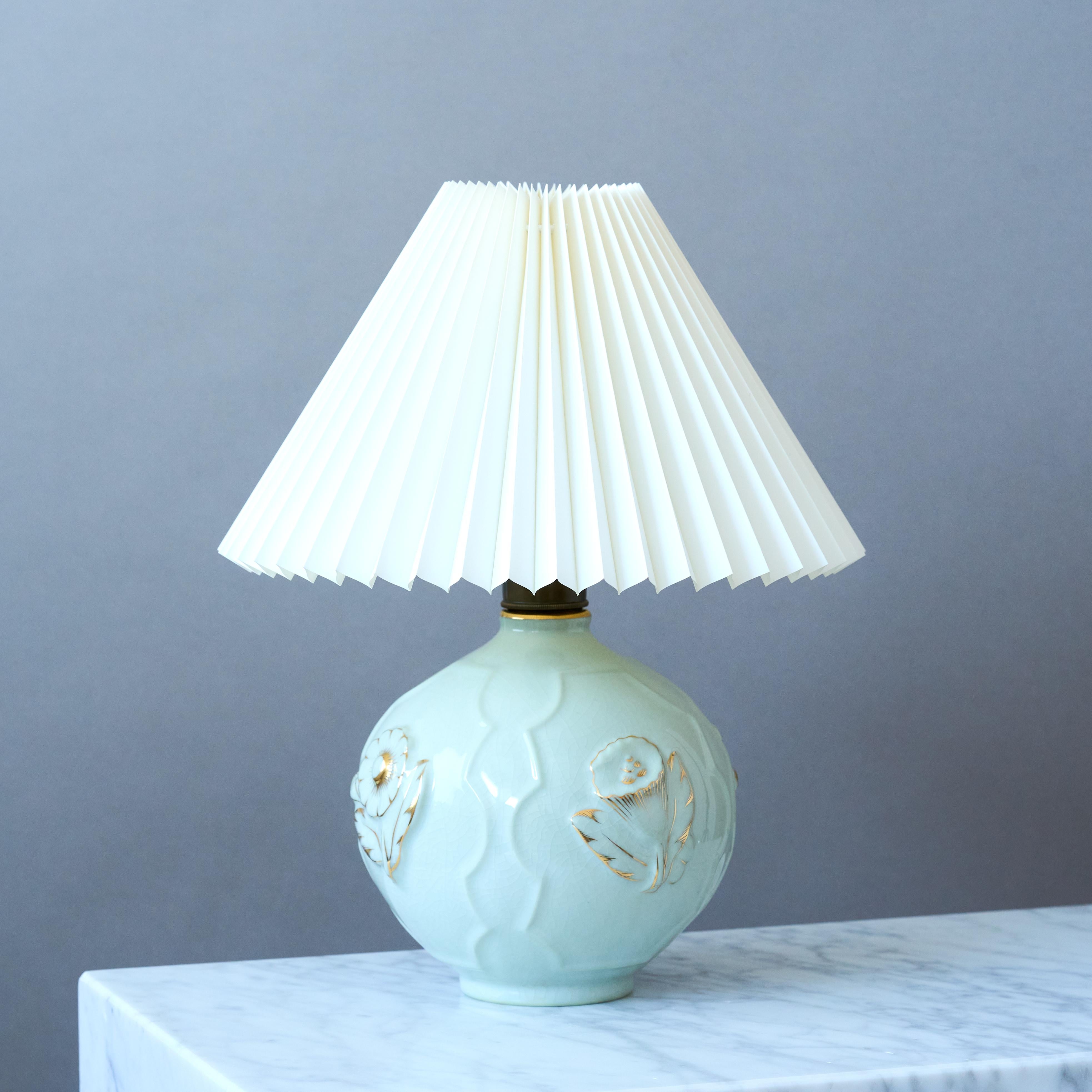 Glazed Blue Art Deco Table Lamp by Tyra Lundgren for ALP, Sweden, 1920s. Swedish Grace. For Sale