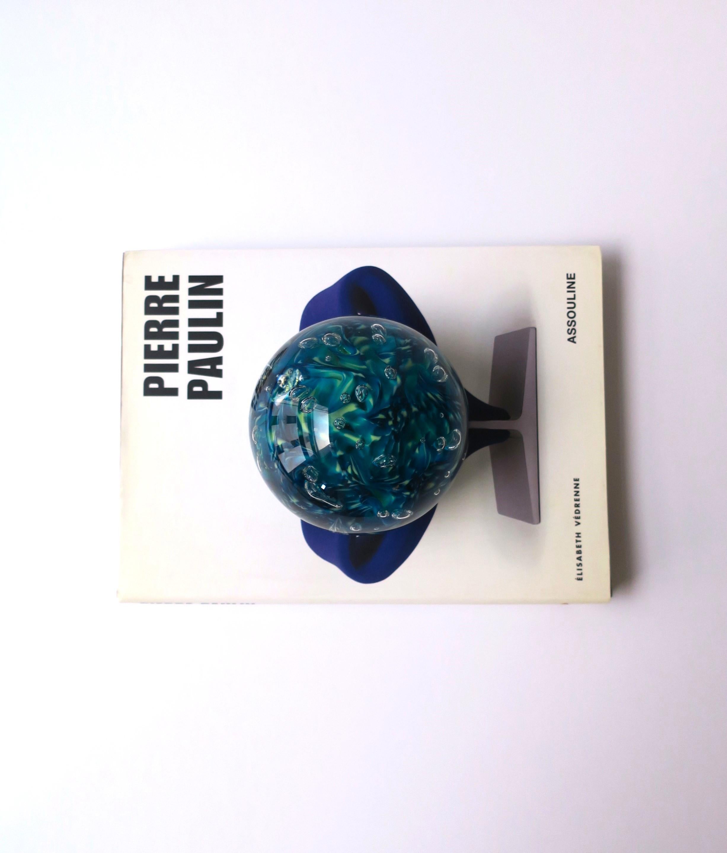 American Blue Art Glass Ball Sphere Paperweight Decorative Object Signed For Sale