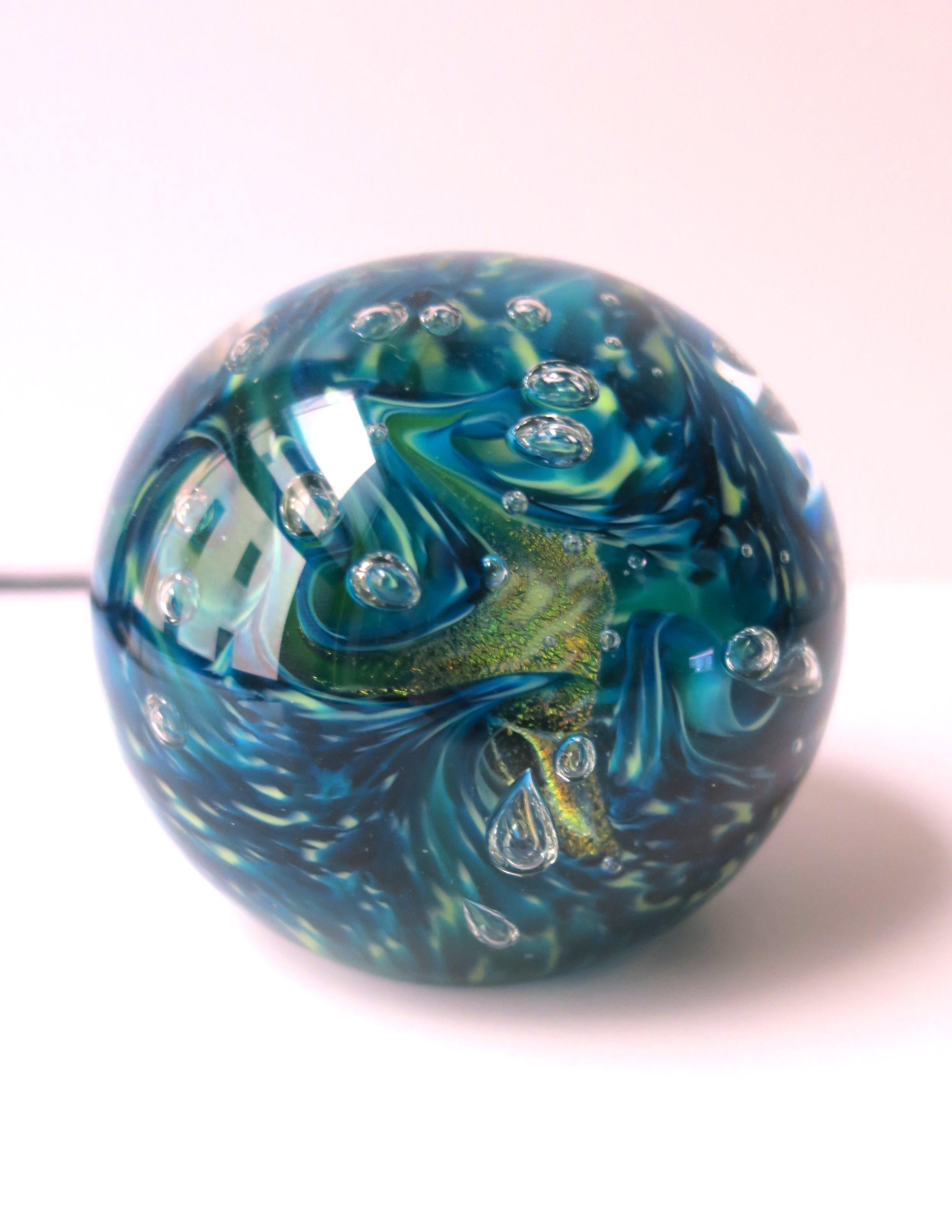 Hand-Crafted Blue Art Glass Ball Sphere Paperweight Decorative Object Signed For Sale