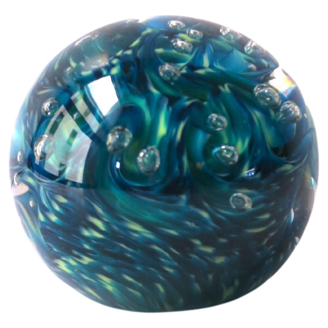 Blue Art Glass Ball Sphere Paperweight Decorative Object Signed For Sale