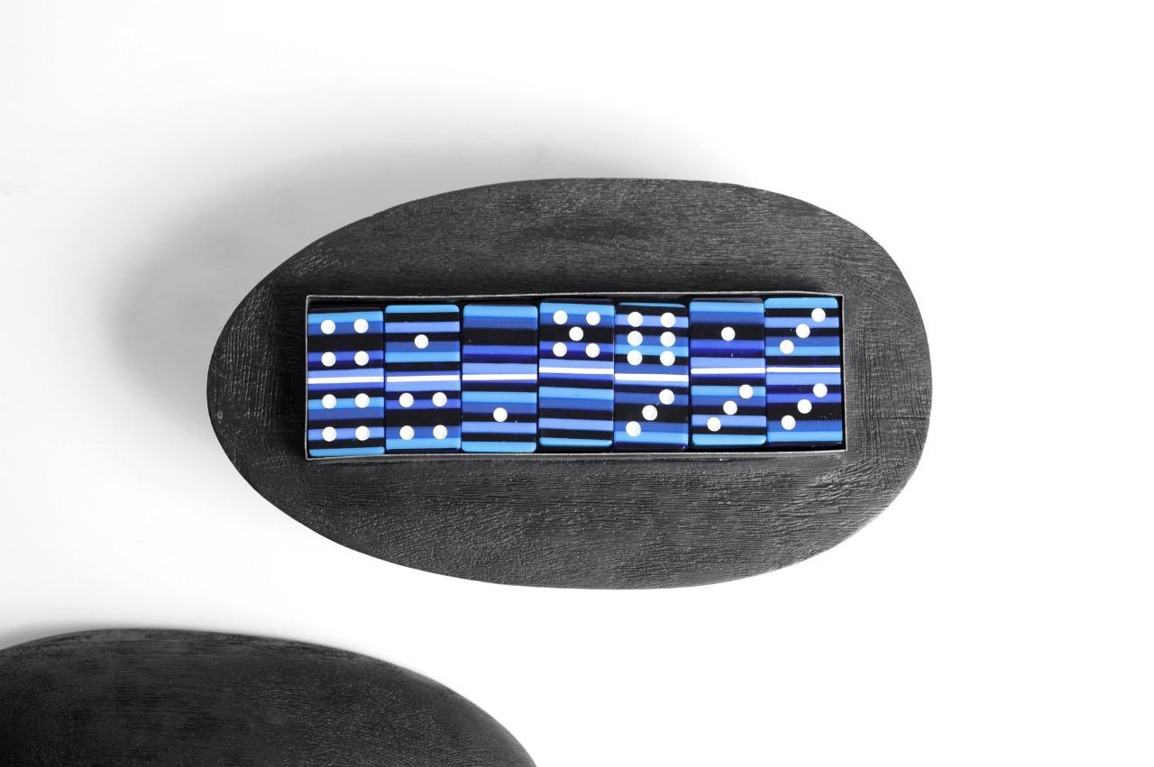 Mexican Blue Art Glass Domino Barcode Collection with Wood Case For Sale