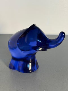 Blue Art Glass Elephant Sculpture with Raised Trunk Decoration