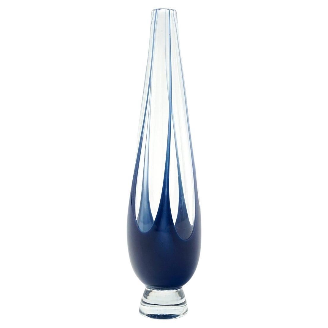 Blue Art Glass Footed Vase by Vicke Lindstrand for Kosta Boda, Sweden, 1950s