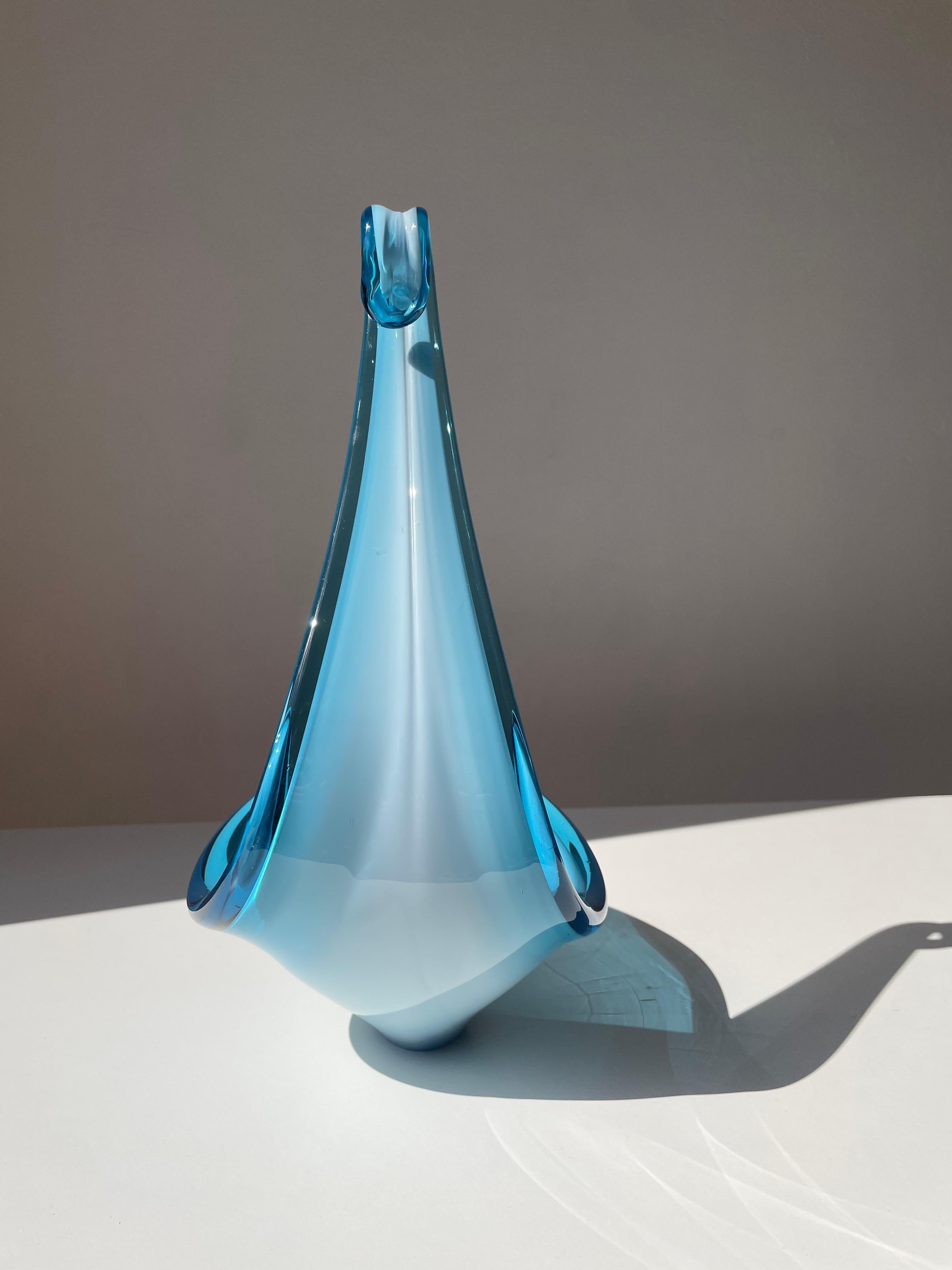Mid-Century Modern 1950s Blue Art Glass Swan Neck Decorative Bowl For Sale