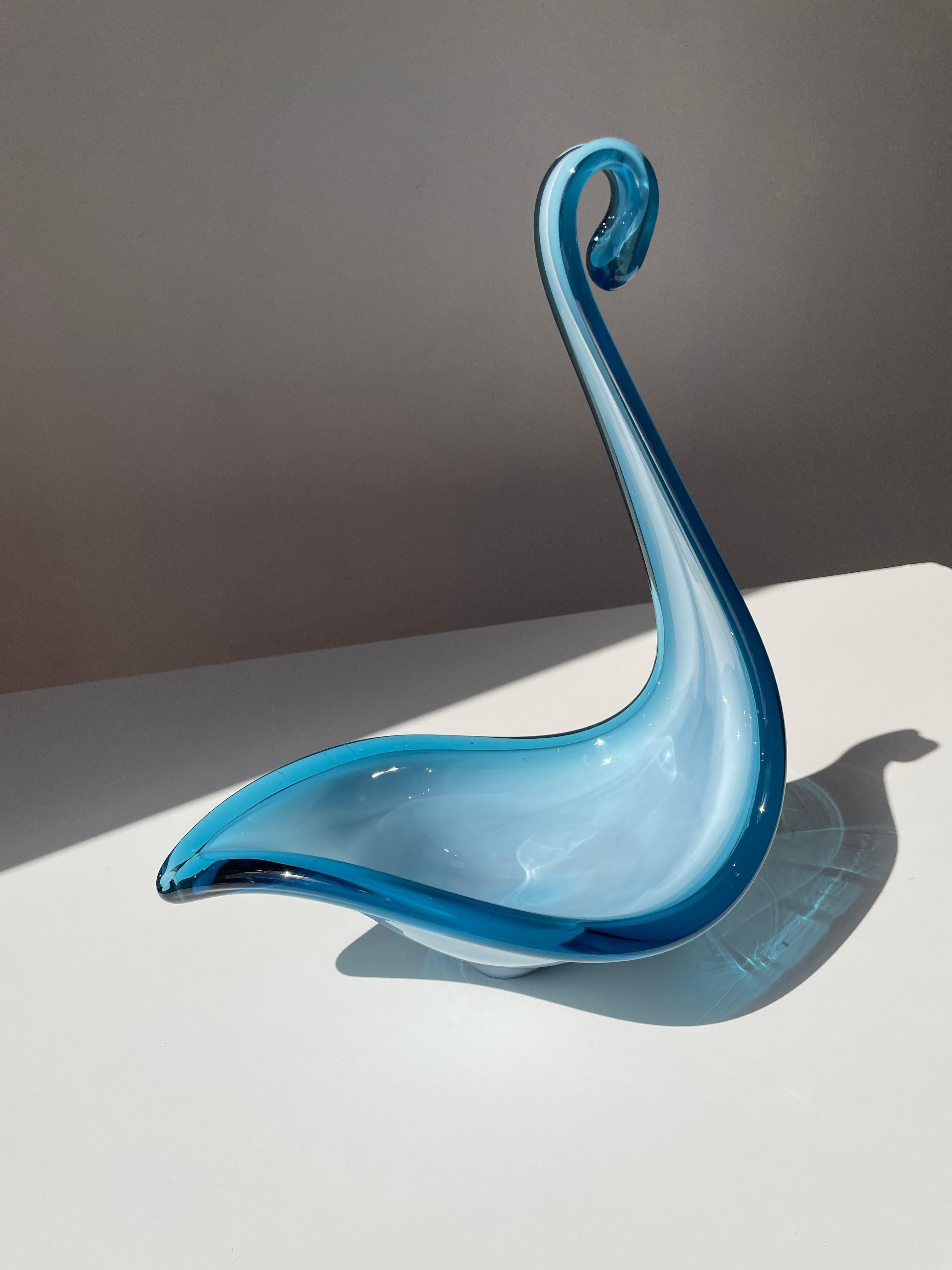 20th Century 1950s Blue Art Glass Swan Neck Decorative Bowl For Sale