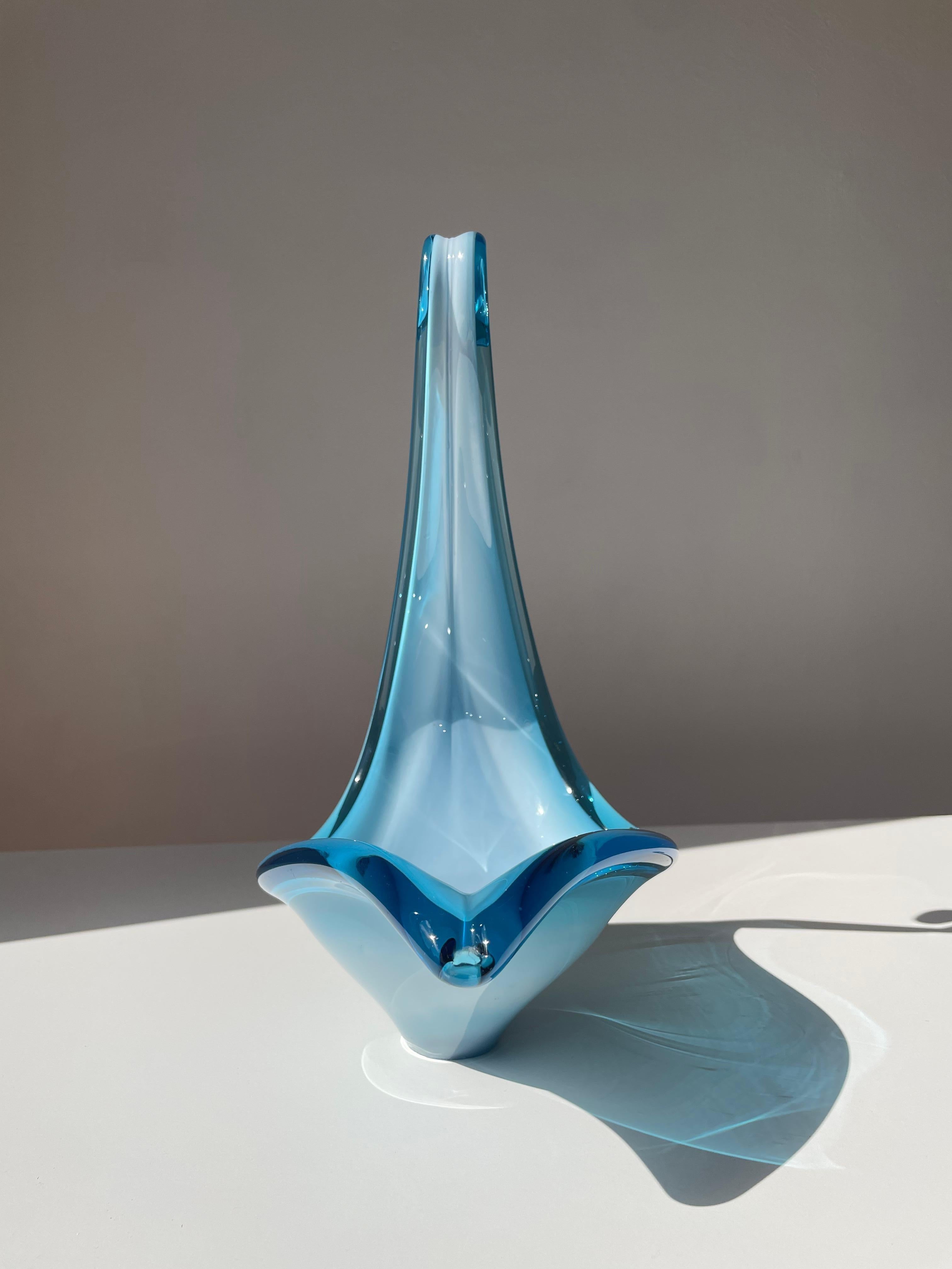 1950s Blue Art Glass Swan Neck Decorative Bowl For Sale 1