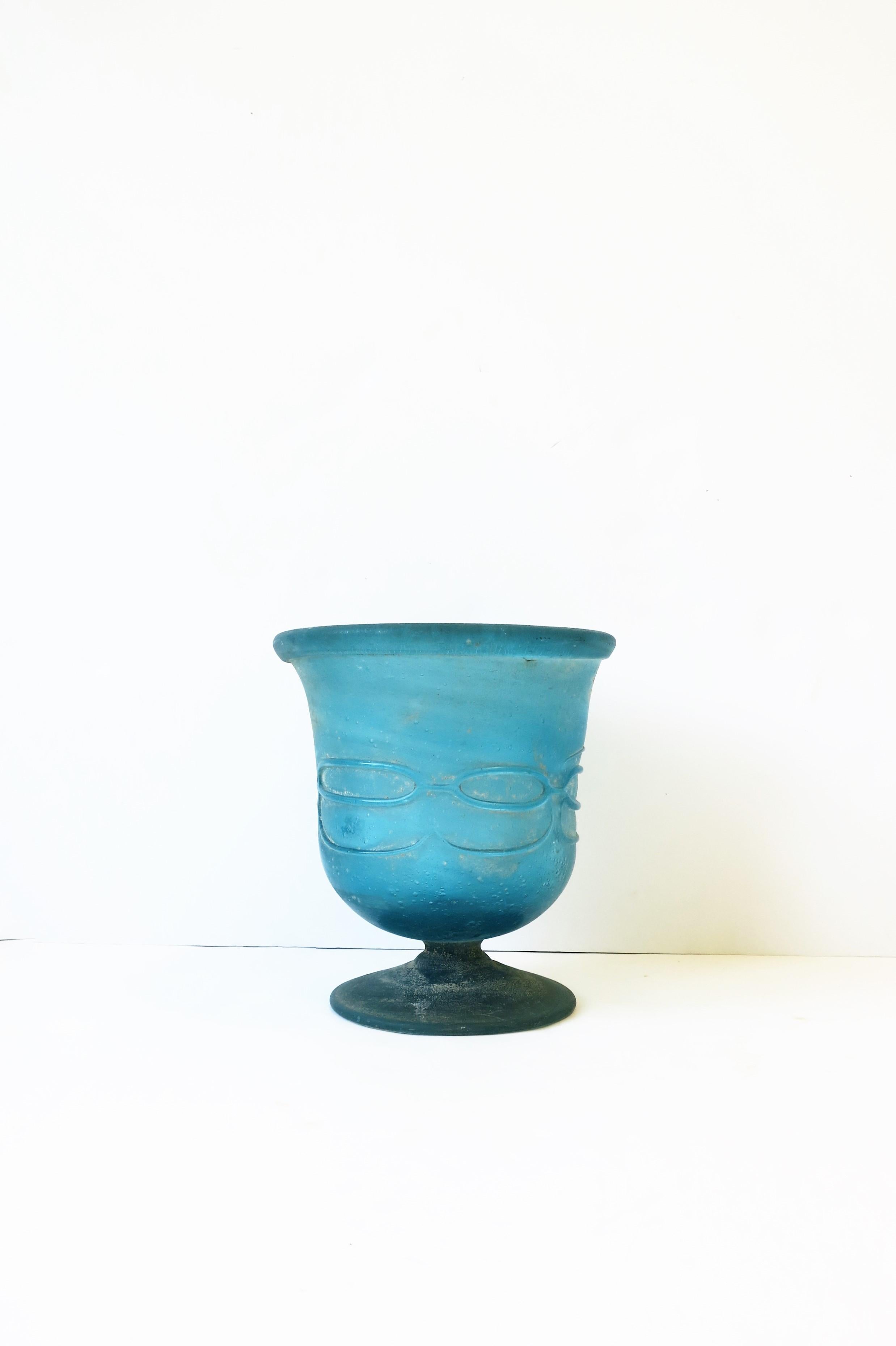 Rustic Postmodern Italian Scavo Blue Art Glass Urn Vase Vessel