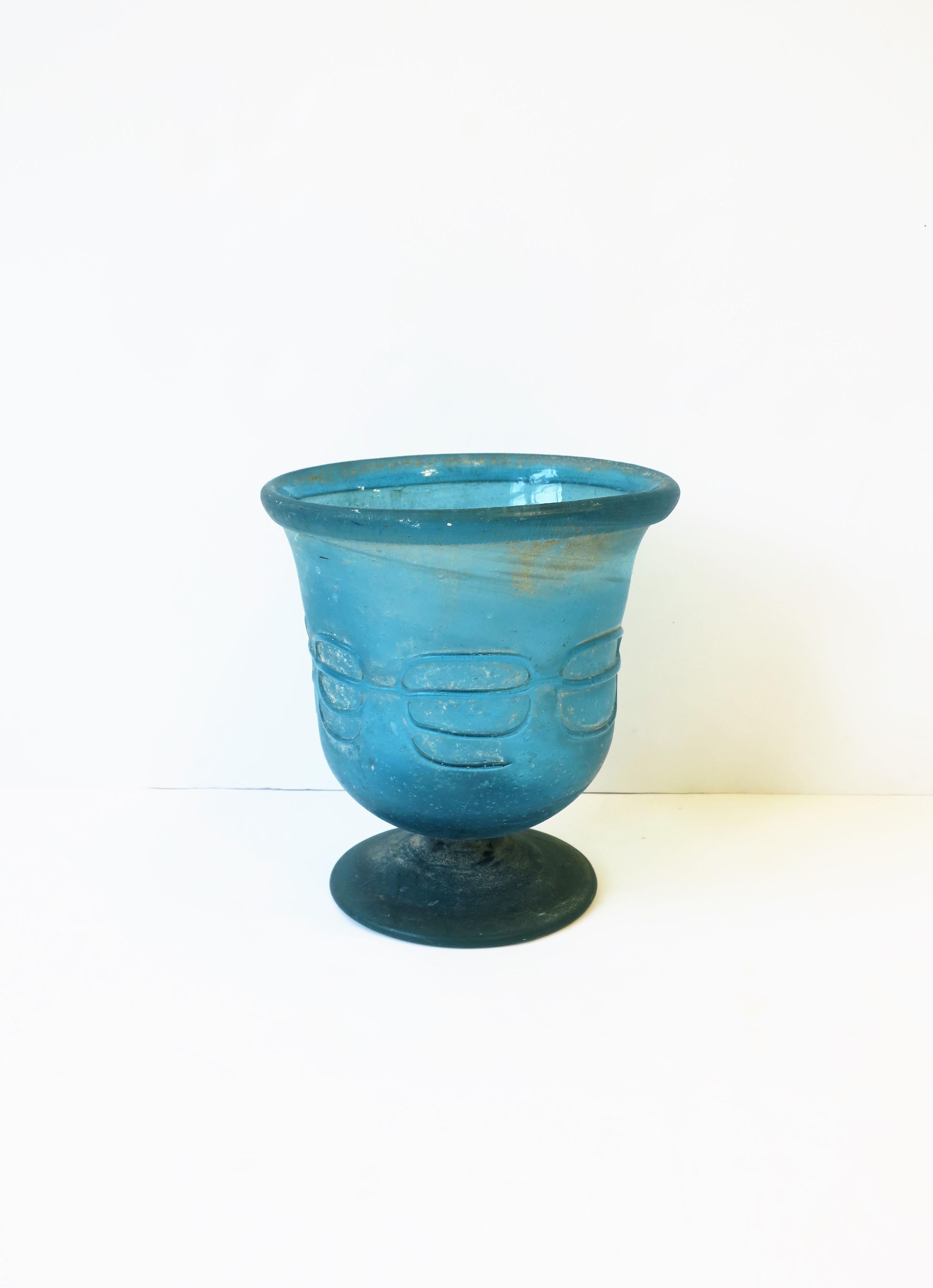 Unglazed Postmodern Italian Scavo Blue Art Glass Urn Vase Vessel