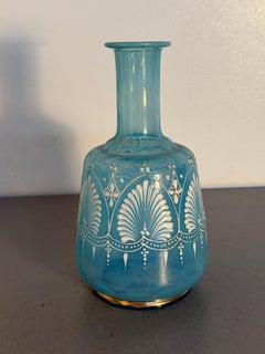 Blue Art Glass Vase with White Enamel Decoration and Gilded Detail
