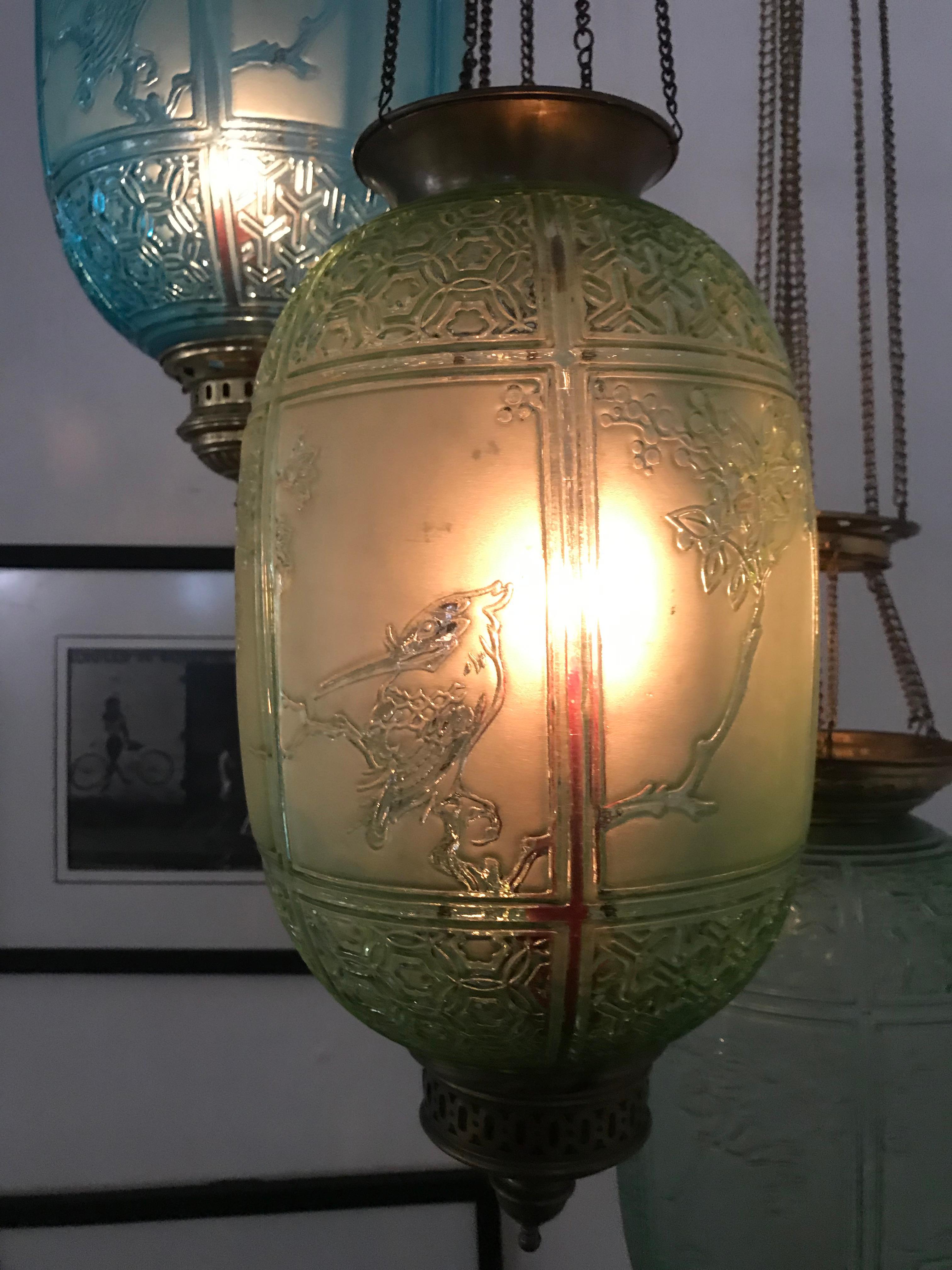 Blue Art Nouveau Candle Lanterns by Baccarat France, Depicting Birds, circa 1890 7