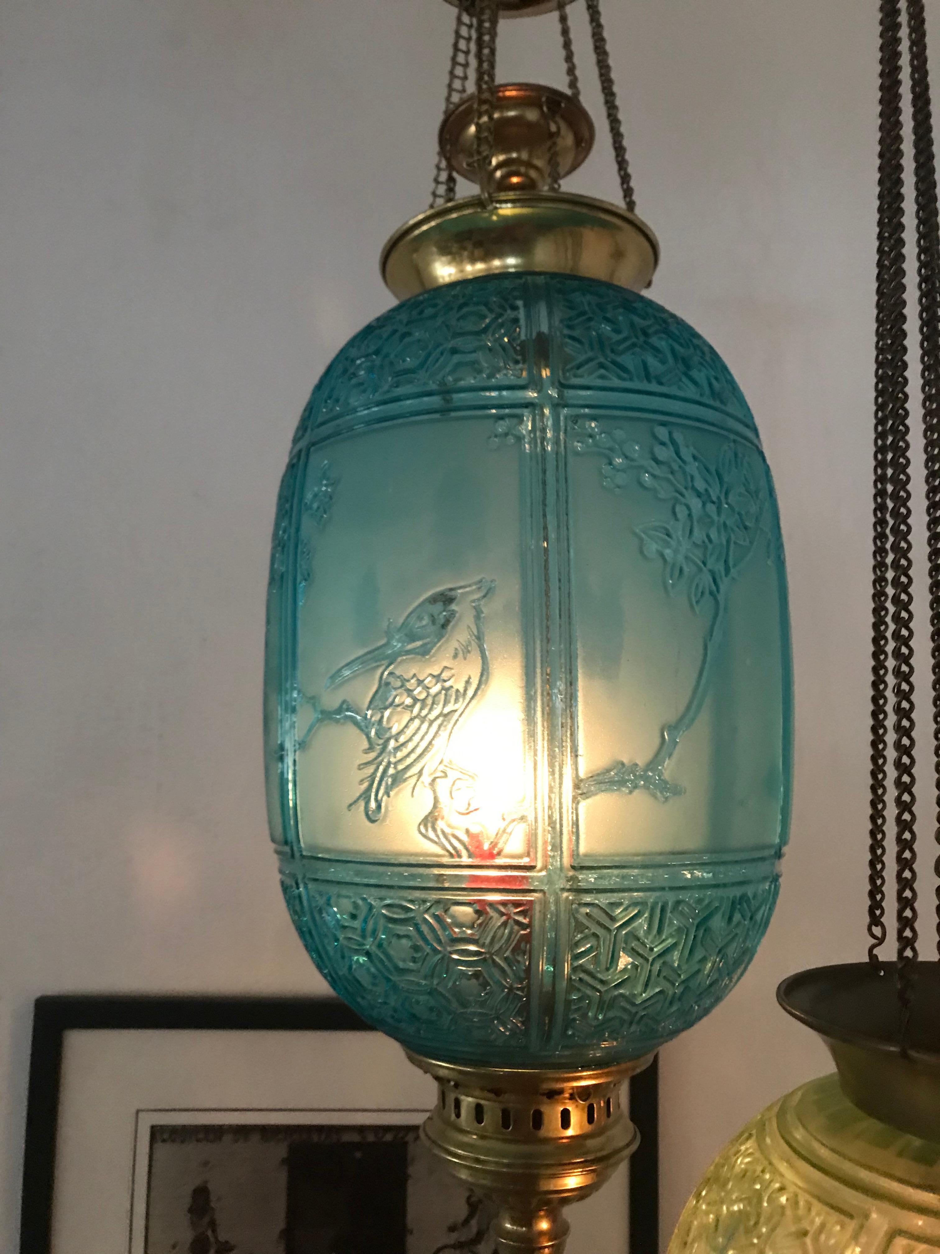 French Blue Art Nouveau Candle Lanterns by Baccarat France, Depicting Birds, circa 1890 For Sale