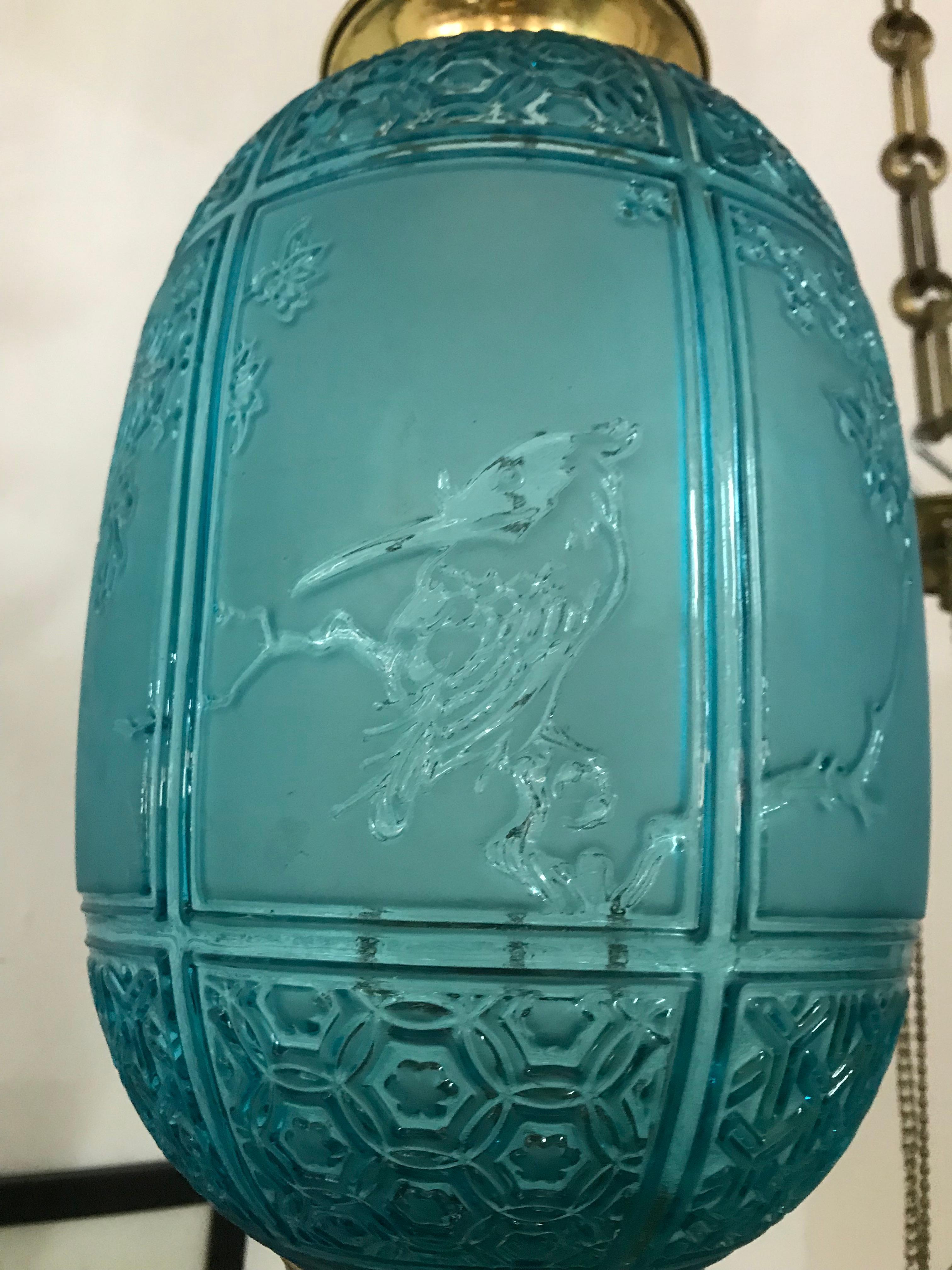Blue Art Nouveau Candle Lanterns by Baccarat France, Depicting Birds, circa 1890 In Good Condition For Sale In Merida, Yucatan