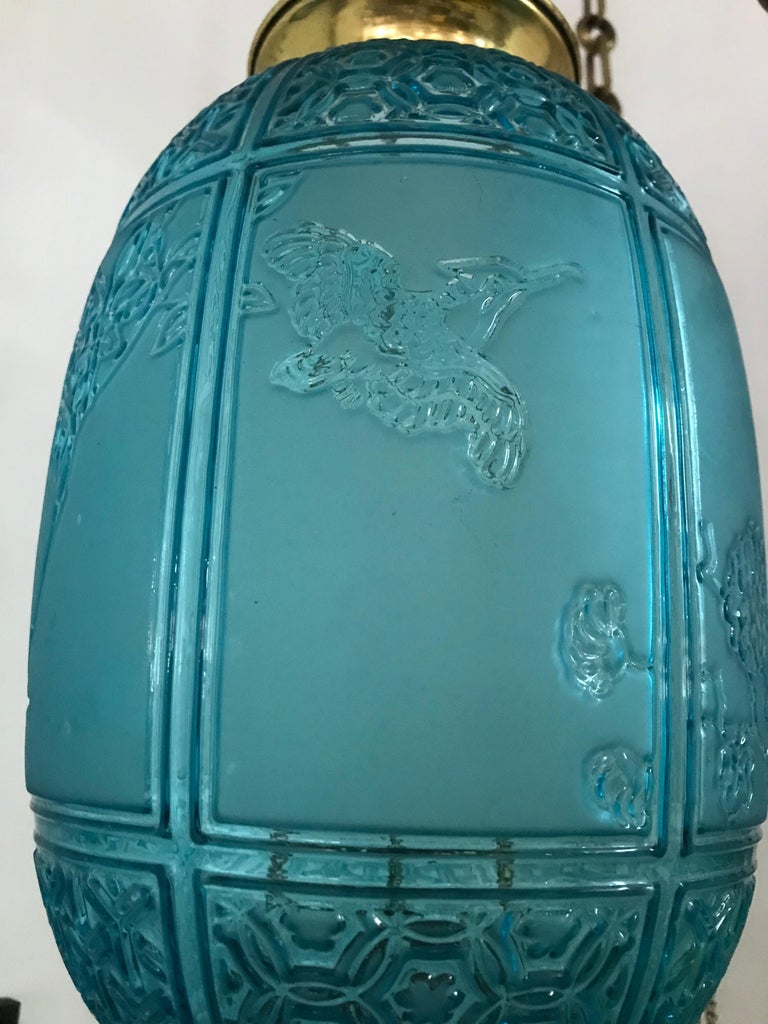 Late 19th Century Blue Art Nouveau Candle Lanterns by Baccarat France, Depicting Birds, circa 1890 For Sale
