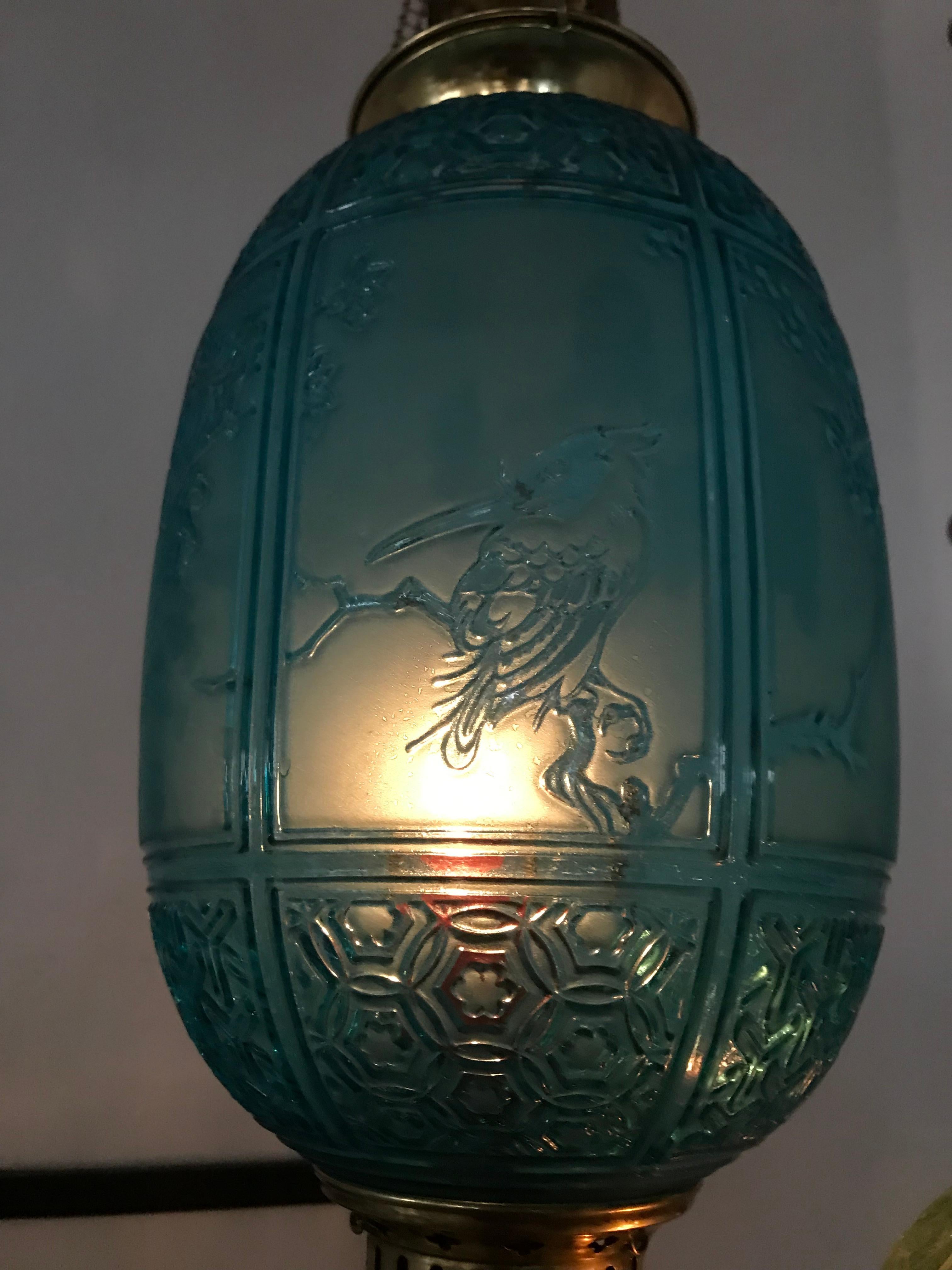 Bronze Blue Art Nouveau Candle Lanterns by Baccarat France, Depicting Birds, circa 1890