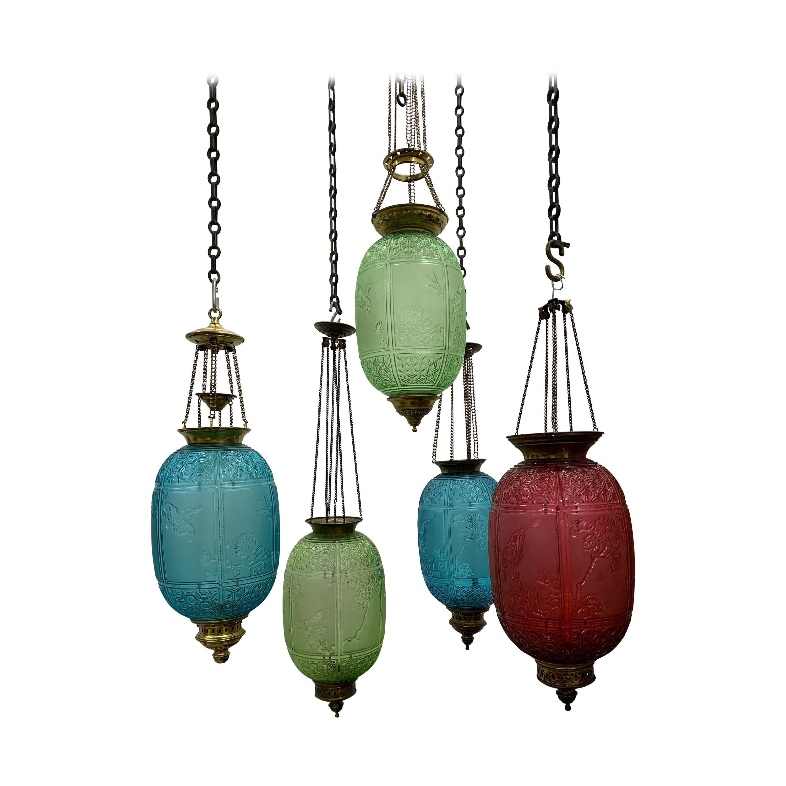 Lanternes de bougie Art nouveau bleues de Baccarat France:: représentant des oiseaux:: vers 1890 en vente