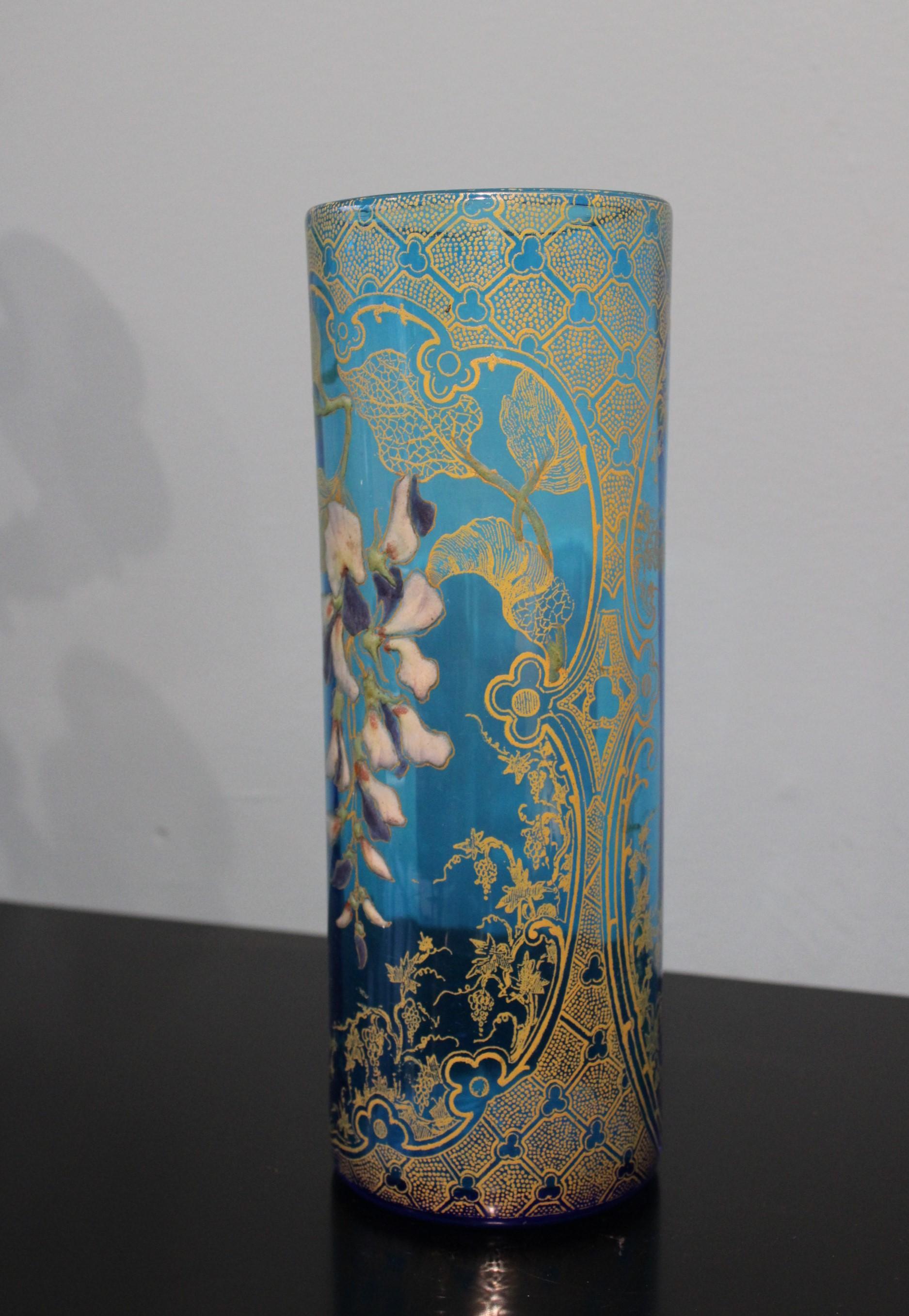 French Blue Art Nouveau Glass Vase, Attributed to Legras For Sale