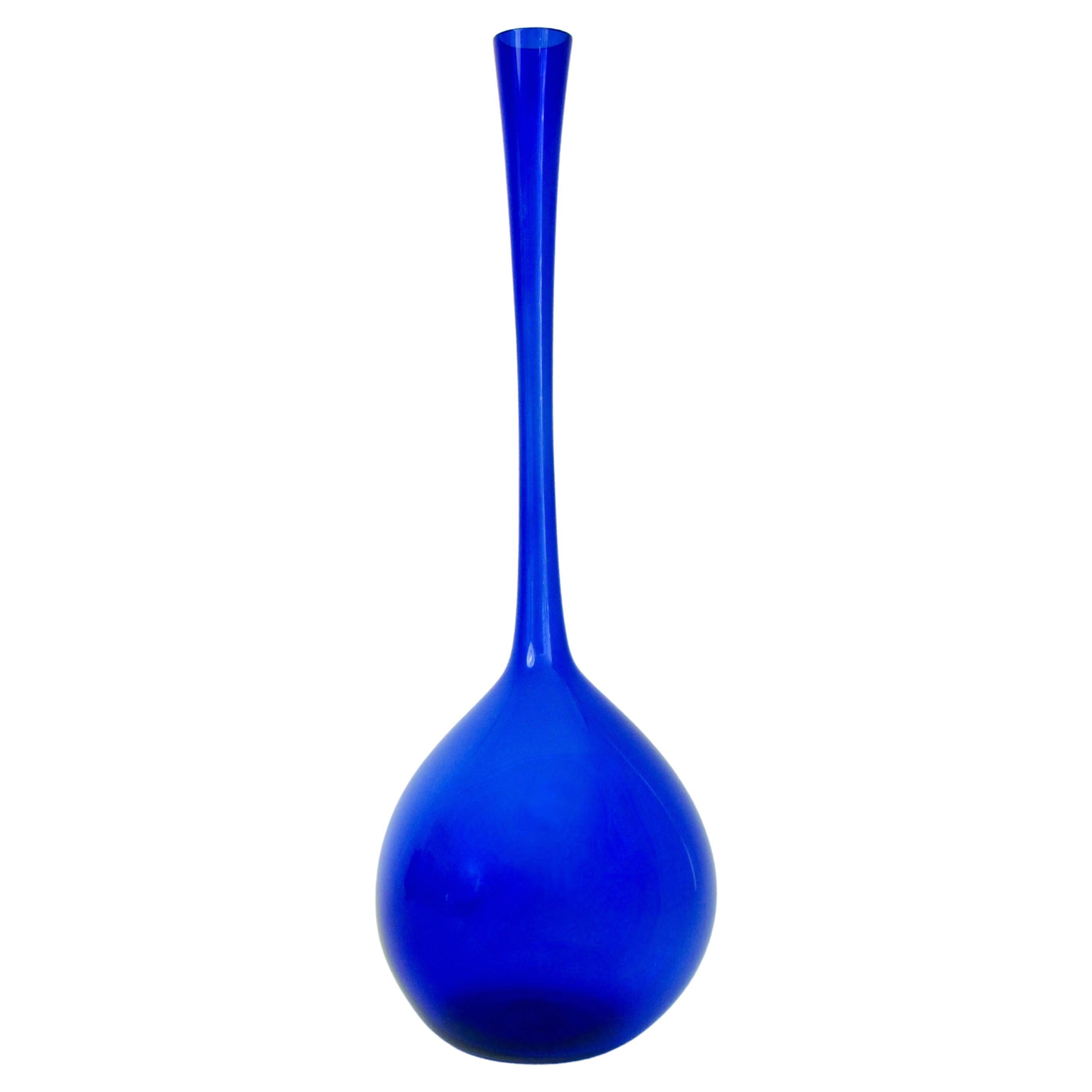 Blue Arthur Percy for Gullaskruf Swedish Glass Bulbous Base Bottle Vase For Sale