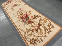 Blue Aubusson Rug Runner Beige Handwoven Carpet Floral Livingroom Rug Home Decor