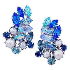 Vintage Blue Aurora Borealis Austrian Crystal Climber Earrings, 1950s