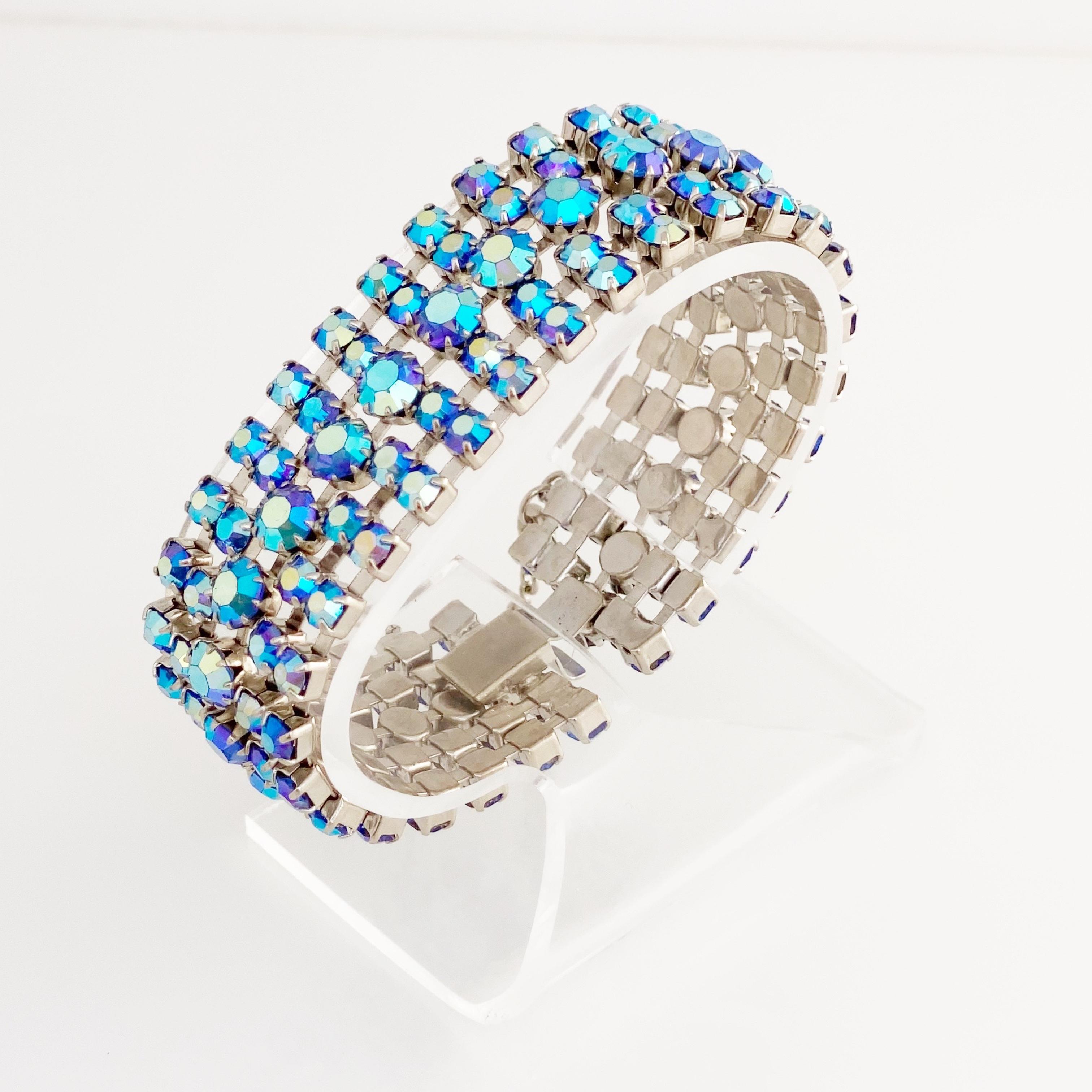 Modern Blue Aurora Borealis Crystal Five Row Cocktail Bracelet, 1960s