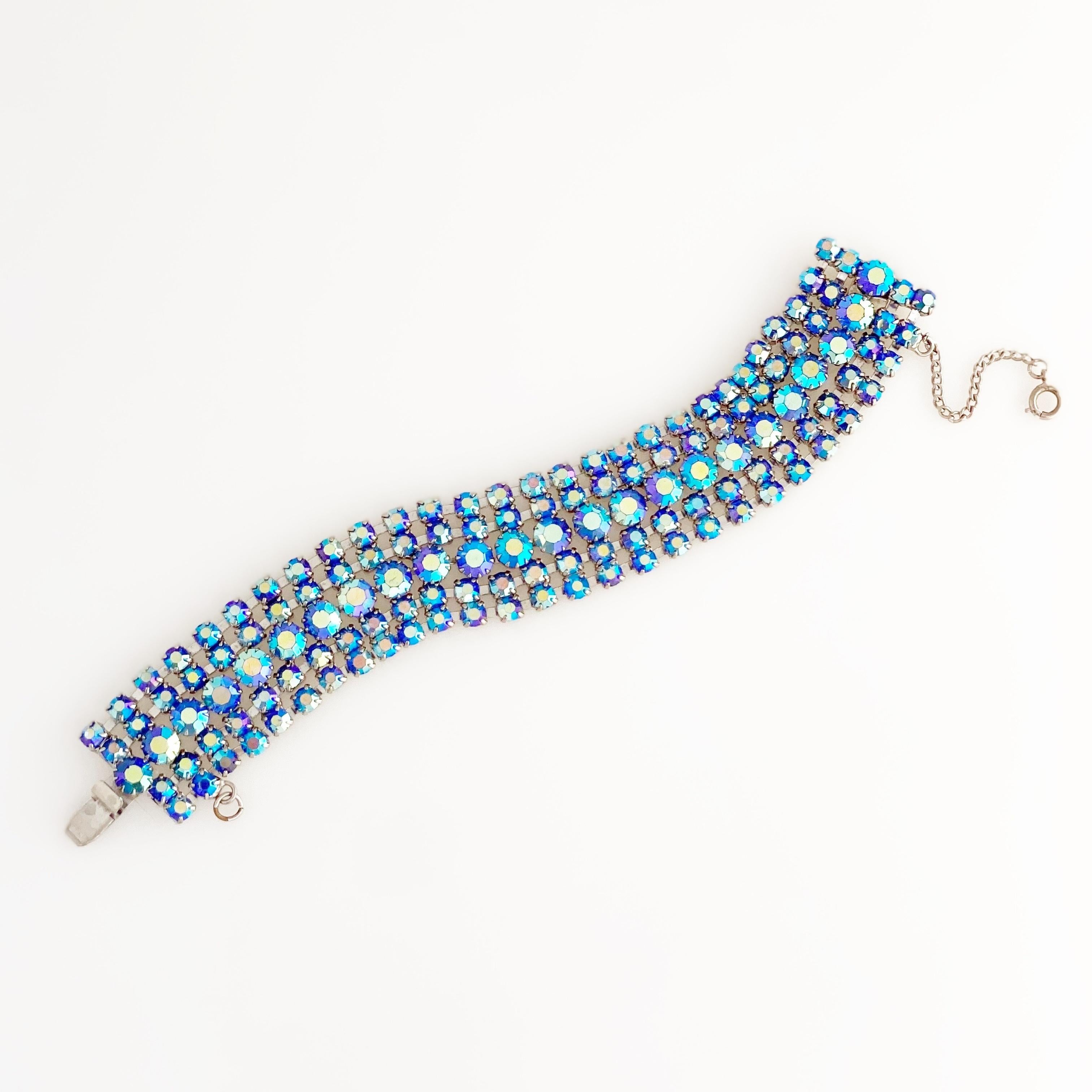 Women's Blue Aurora Borealis Crystal Five Row Cocktail Bracelet, 1960s