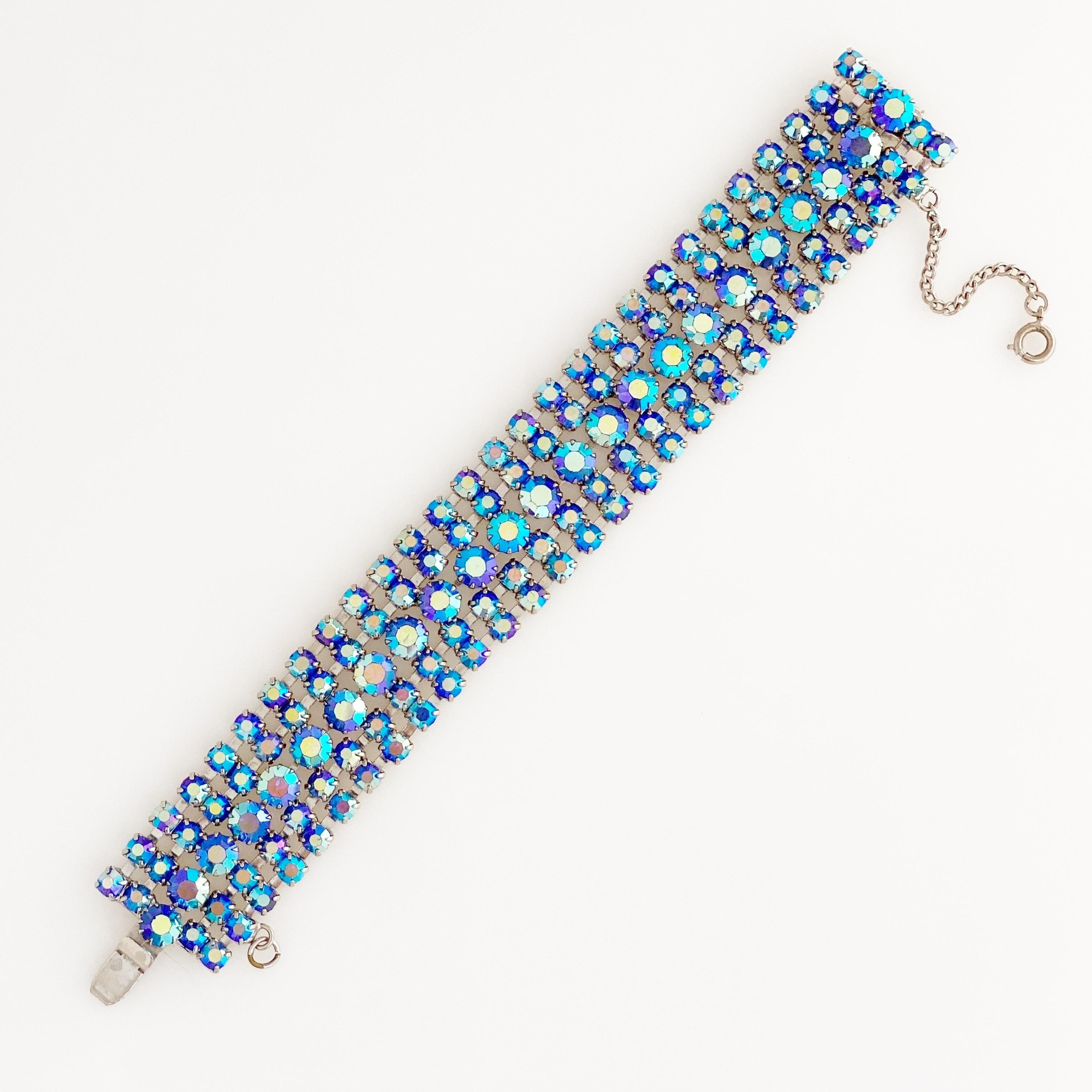 Blue Aurora Borealis Crystal Five Row Cocktail Bracelet, 1960s 1
