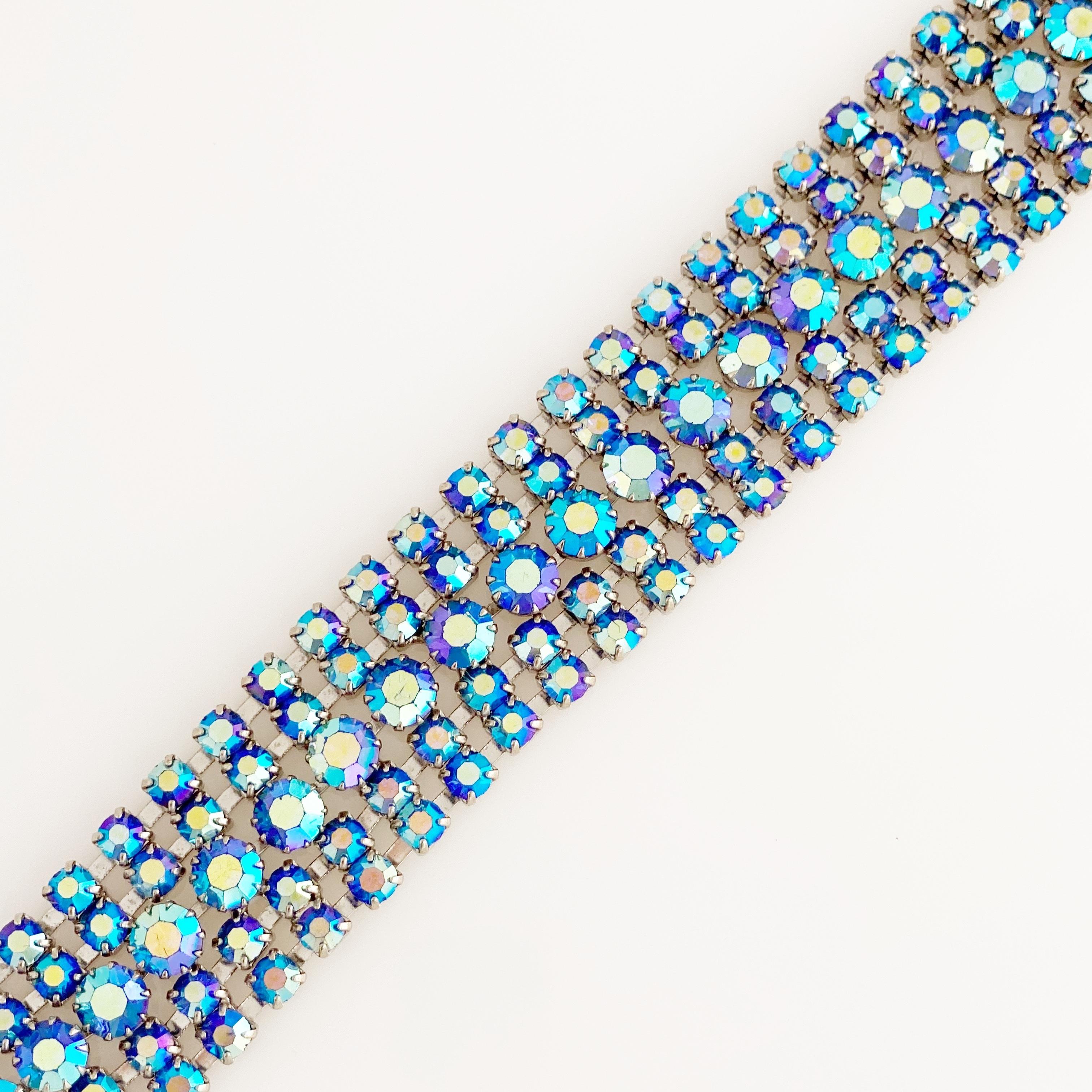 Blue Aurora Borealis Crystal Five Row Cocktail Bracelet, 1960s 2