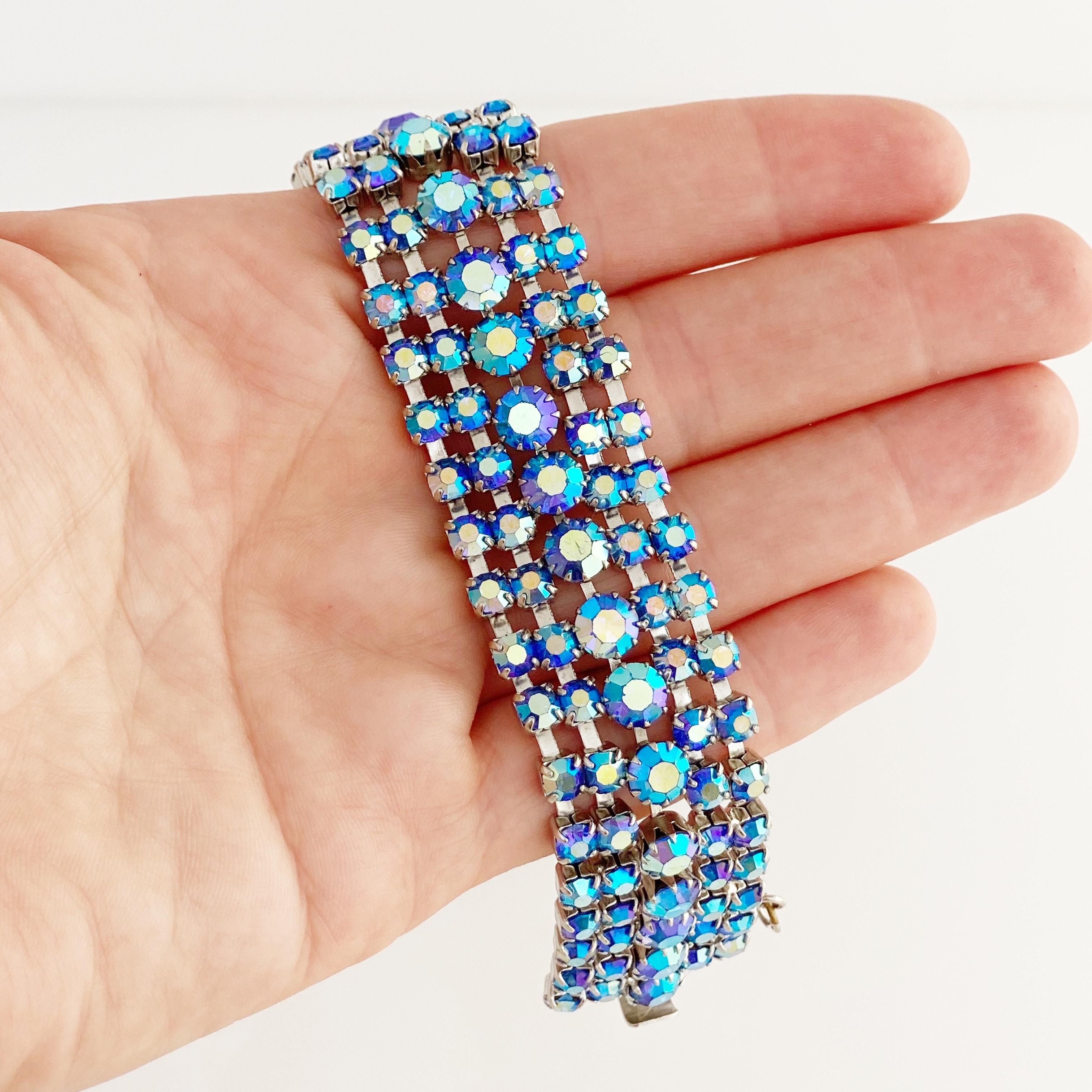 Blue Aurora Borealis Crystal Five Row Cocktail Bracelet, 1960s 3